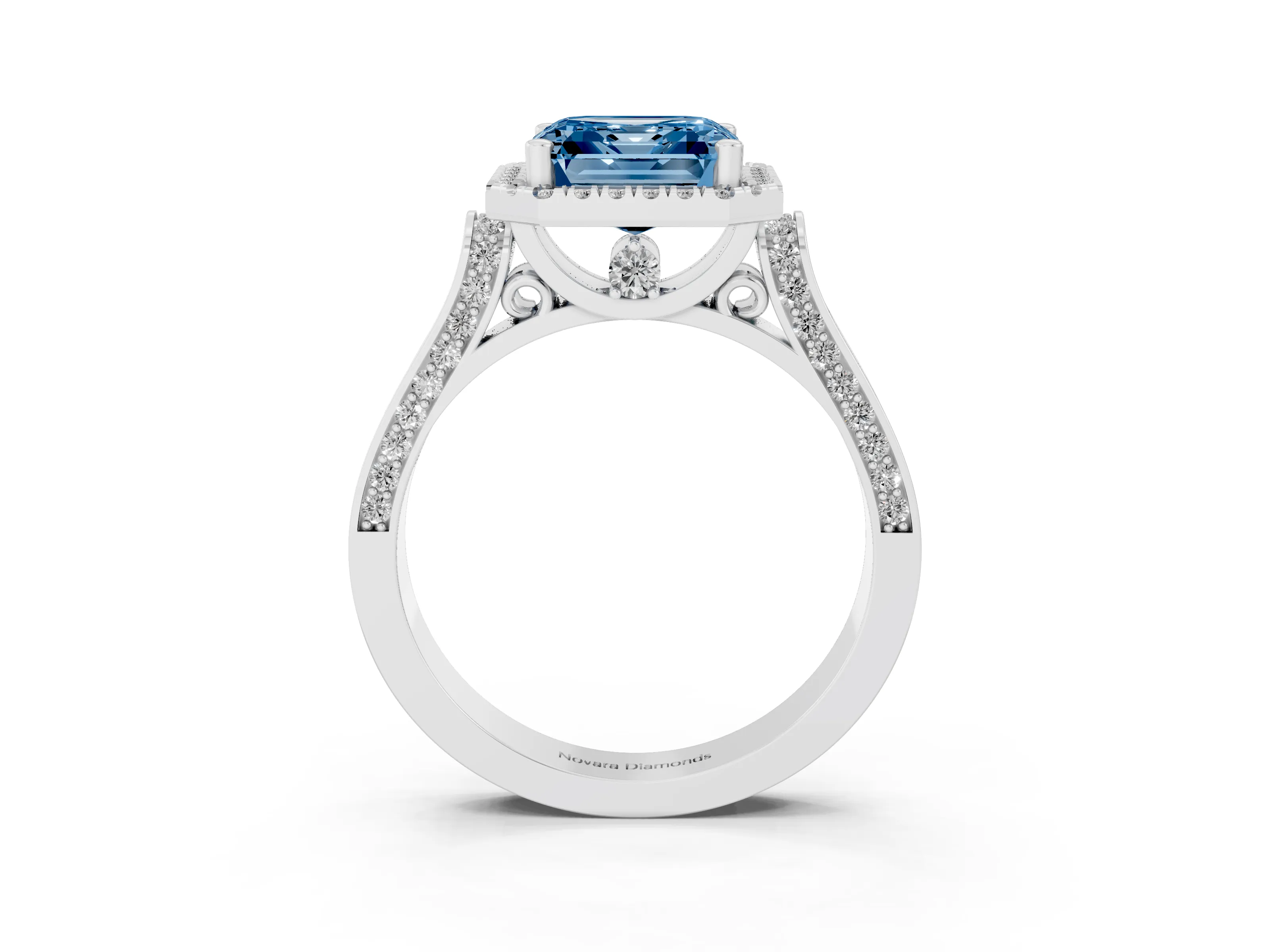 Fancy Blue Asscher Cut Diamond Halo Ring Set in Platinum with Pavé-Lined Split Shank Band