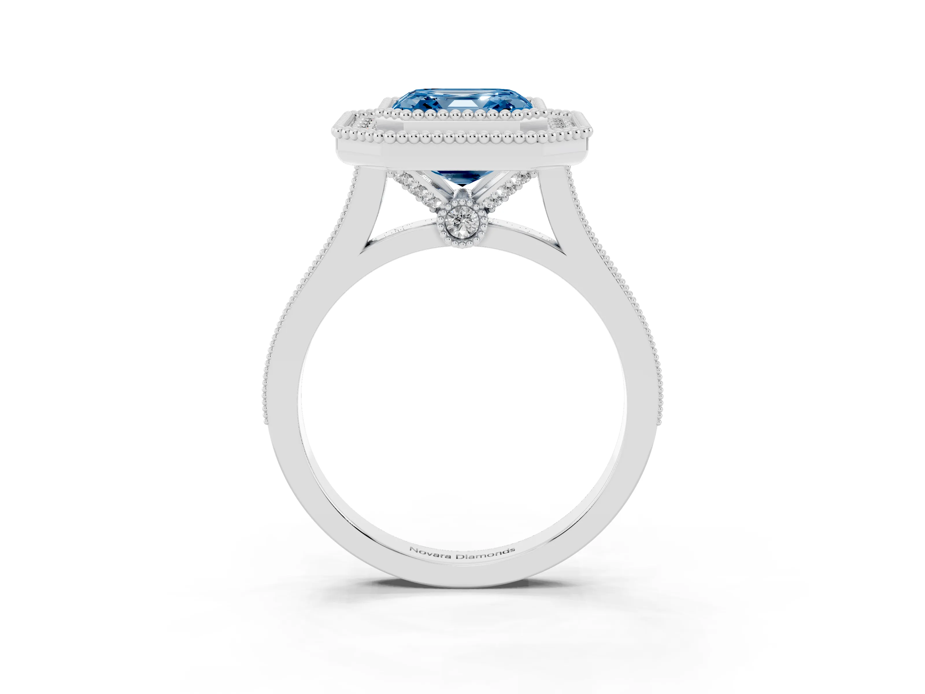 Fancy Blue Asscher Cut Diamond Halo Ring Set in Platinum with Milgrain Frame and Pavé Band