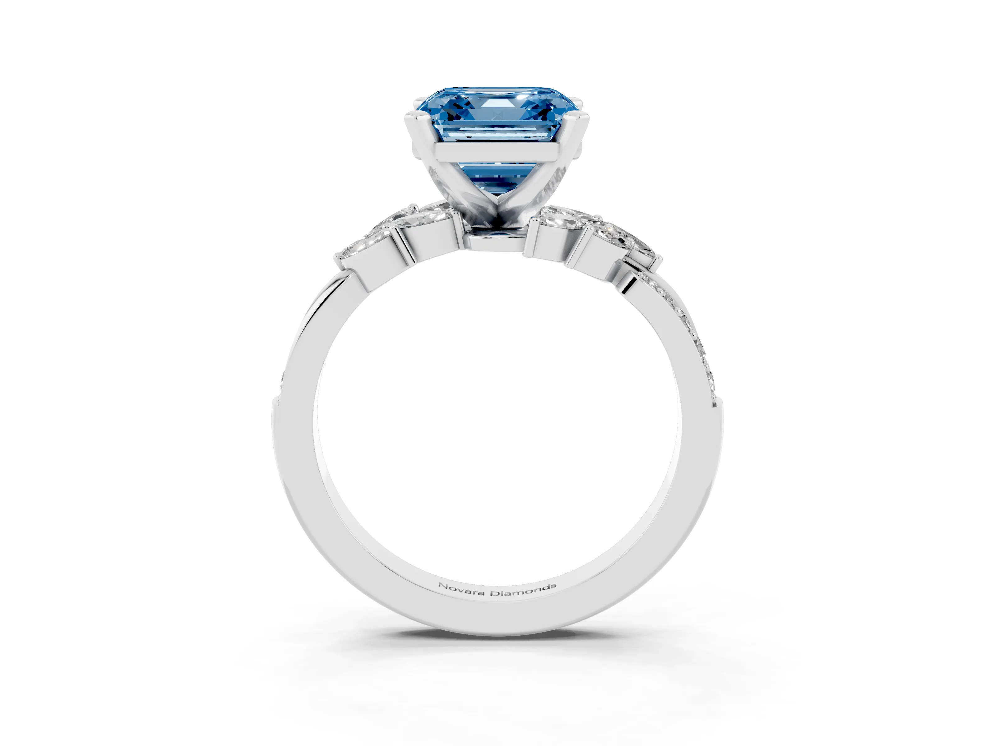 Fancy Blue Asscher Cut Diamond Solitaire Ring Set in White gold with Marquise Twist Band and Prong Setting