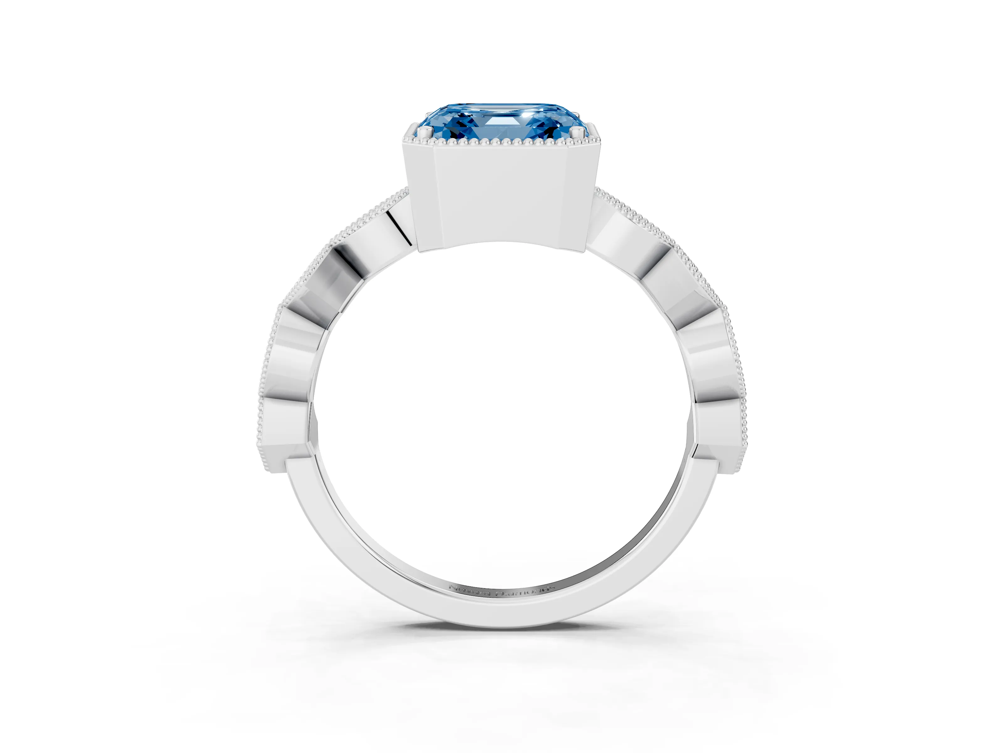 Fancy Blue Asscher Cut Diamond Milgrain Marquise Twist Band Ring Set in Silver with Prong Setting