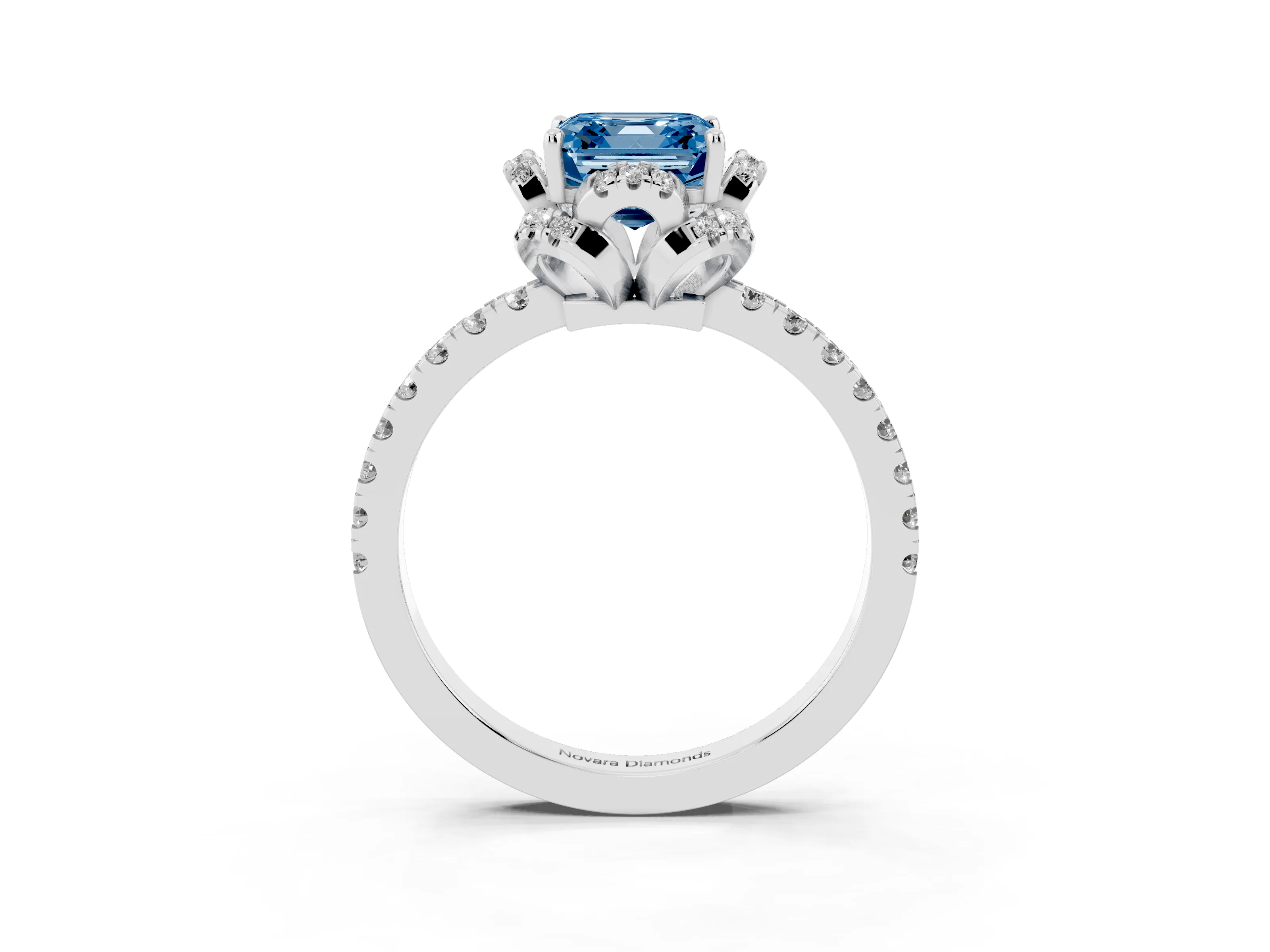 Fancy Blue Asscher Cut Diamond Halo Pavé Ring Set in White gold with Prong-Held Center Stone