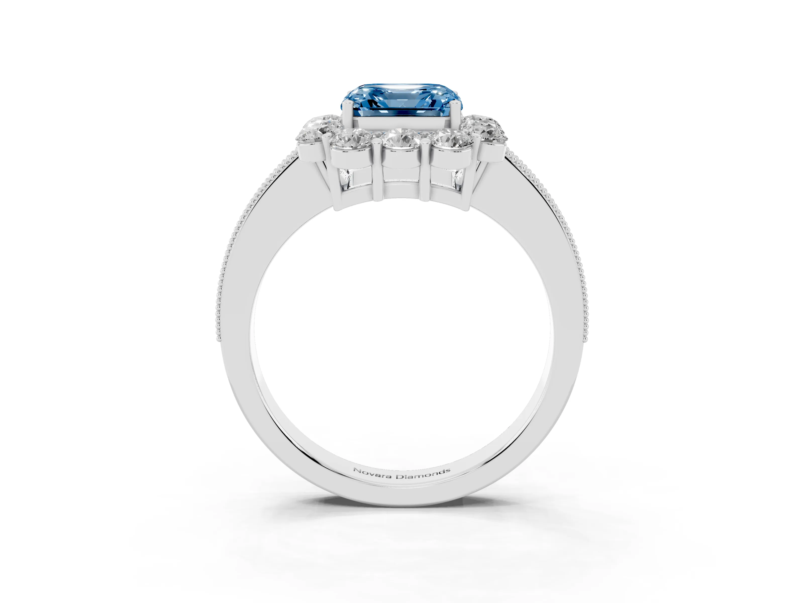 Fancy Blue Asscher Cut Diamond Halo Pavé Engagement Ring Set in Silver with Milgrain Detailing