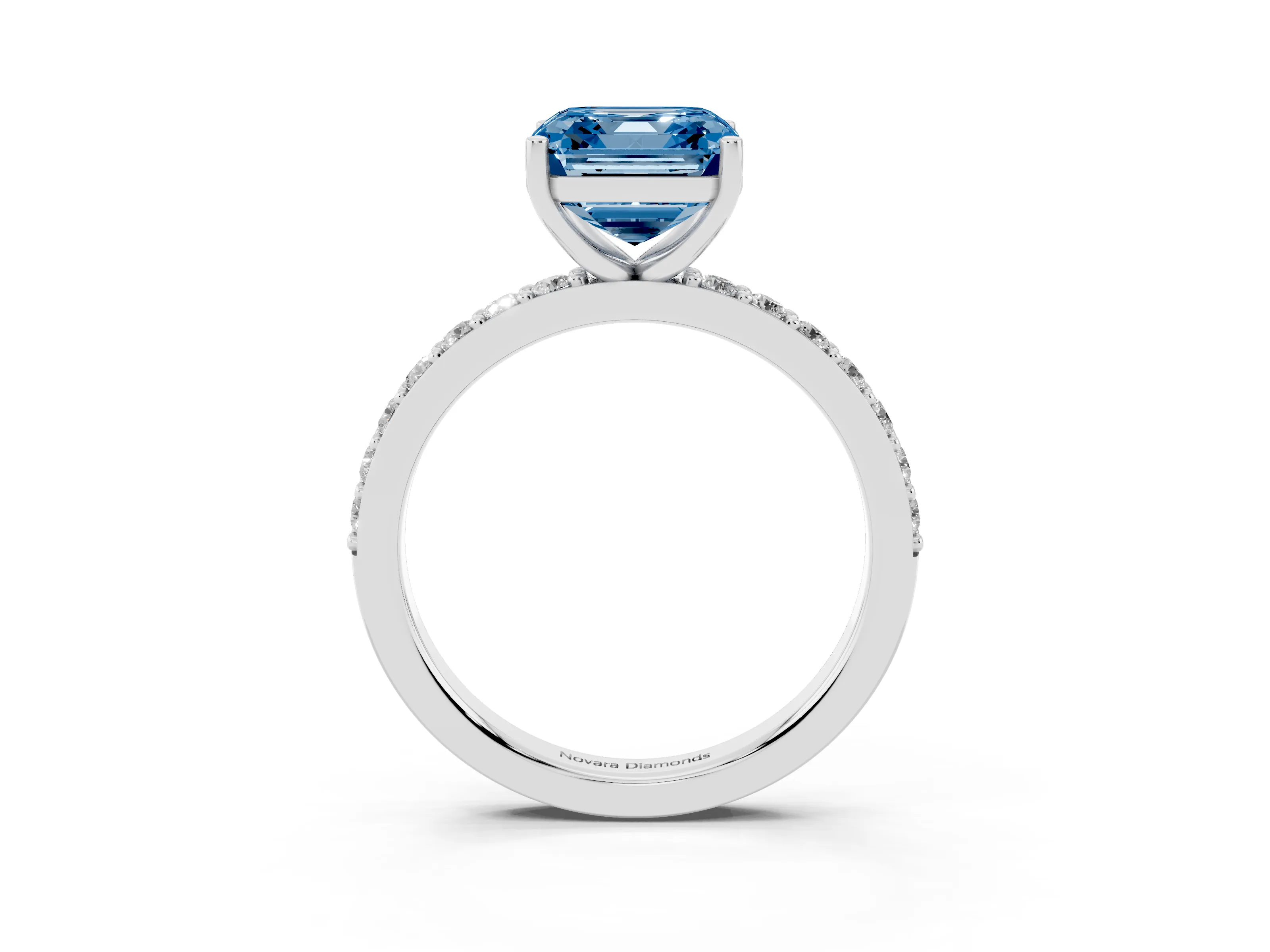 Fancy Blue Asscher Cut Diamond Solitaire Set in Silver with Round Pavé Band and Prong Setting