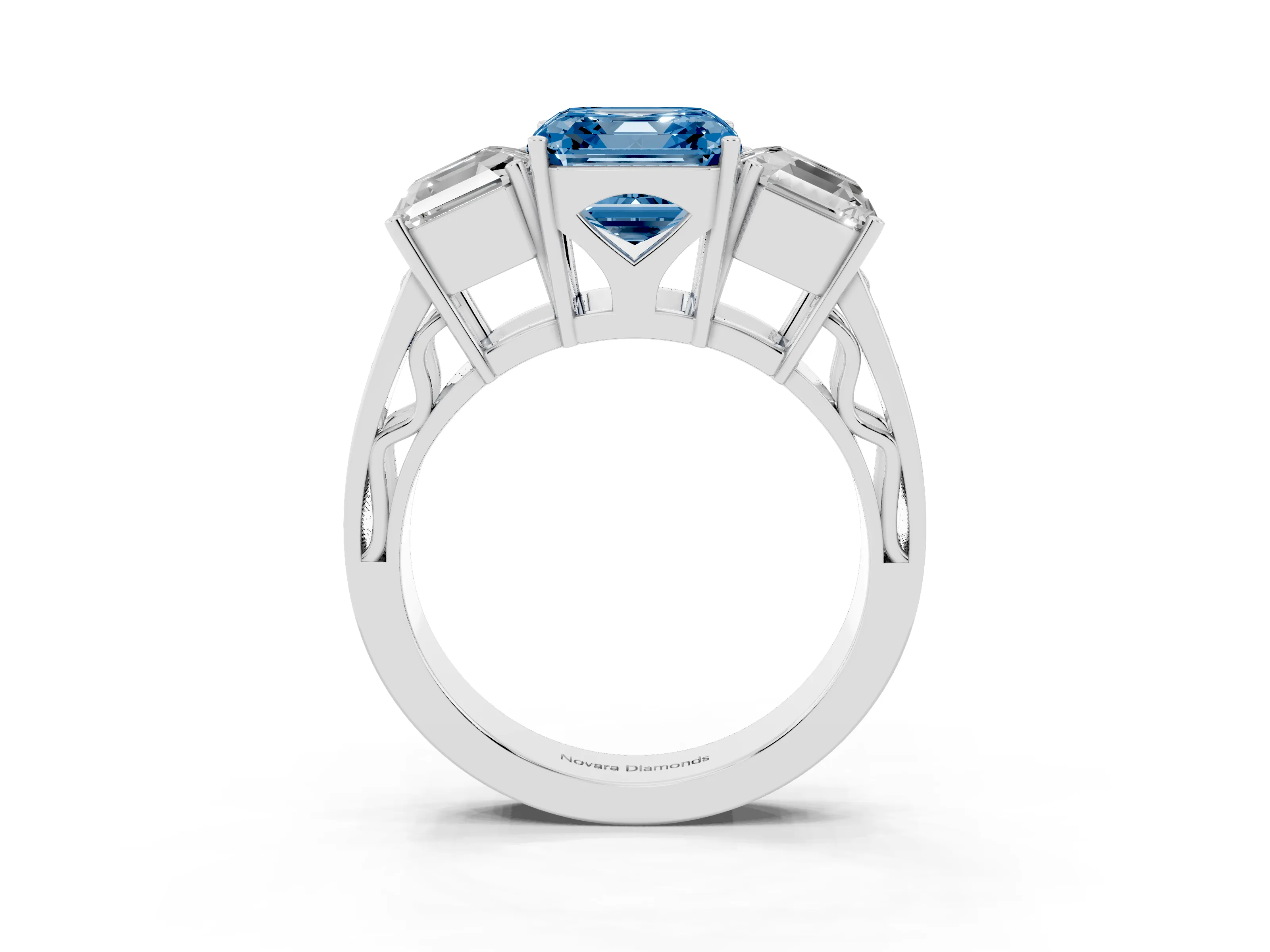 Fancy Blue Asscher Cut Diamond Three-Stone Ring Set in White gold with Textured Band