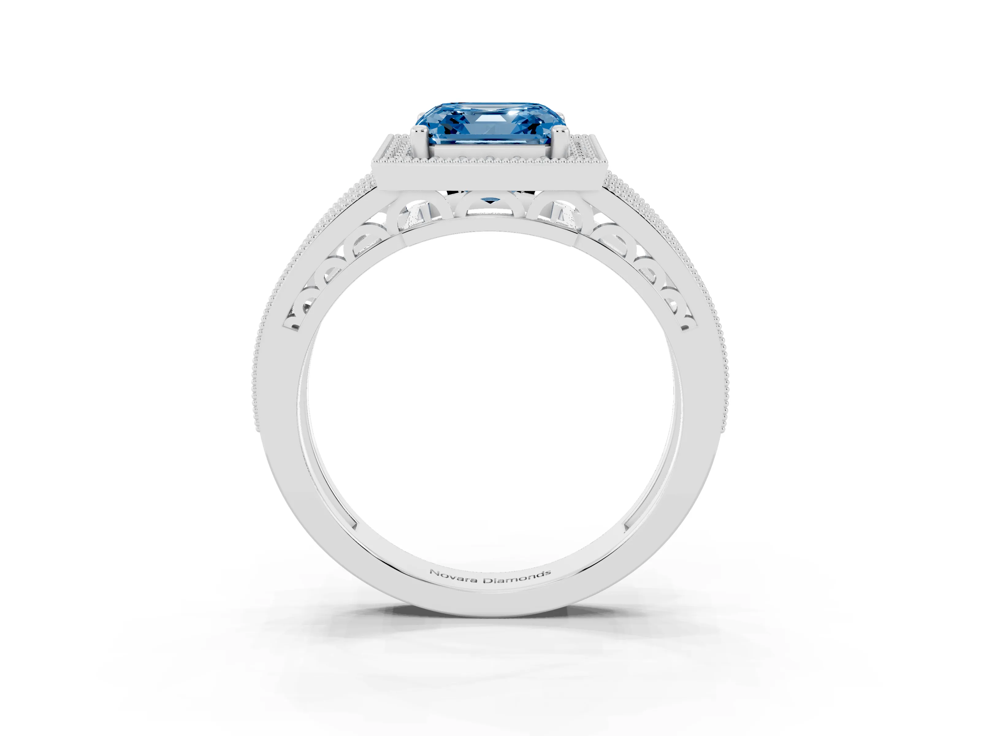 Fancy Blue Asscher Cut Diamond Halo Ring Set in Silver with Accent Split Shank and Prong Setting