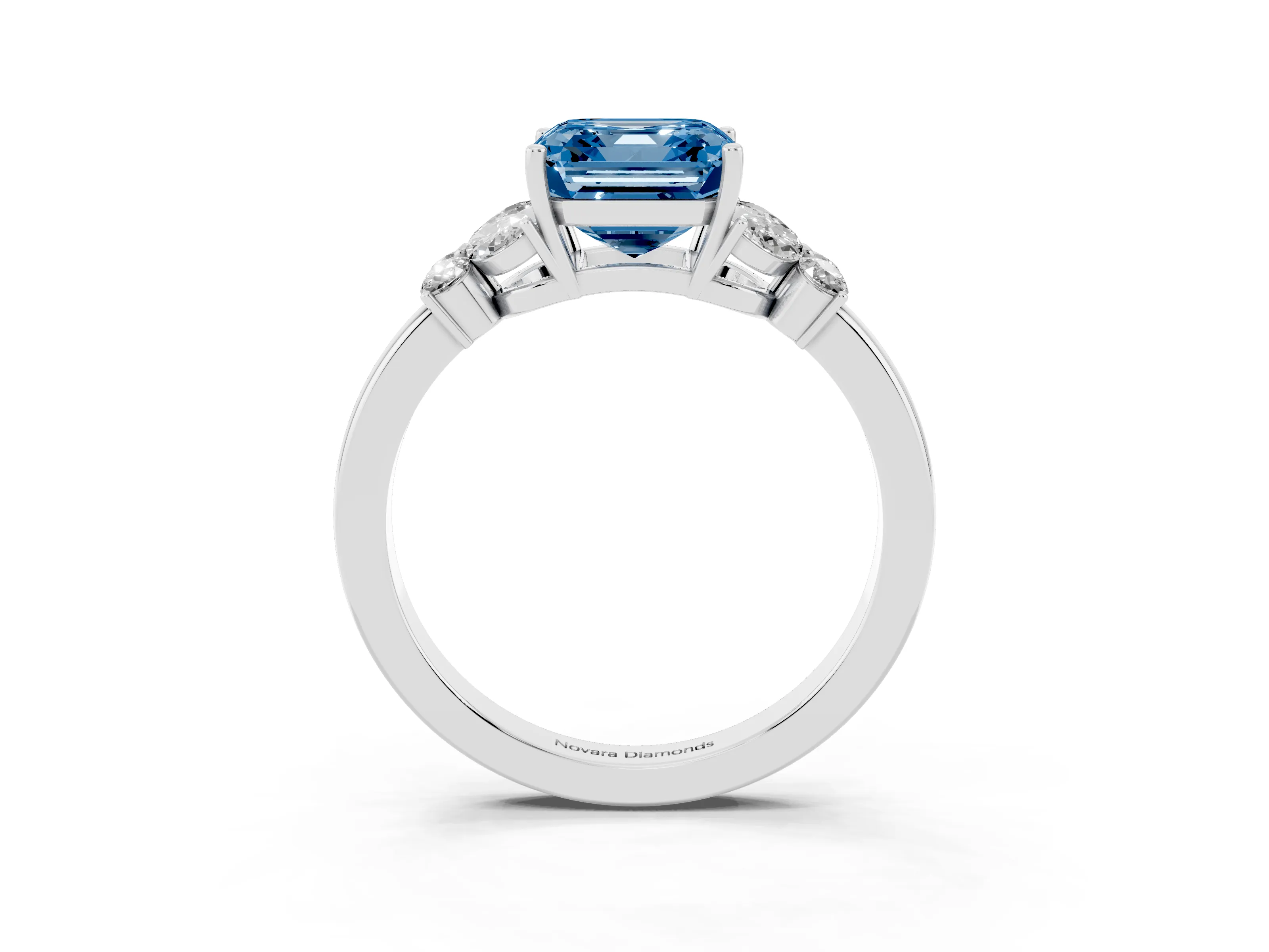 Fancy Blue Asscher Cut Diamond Solitaire Floral Ring Set in Platinum with Marquise Petals and Prong Setting