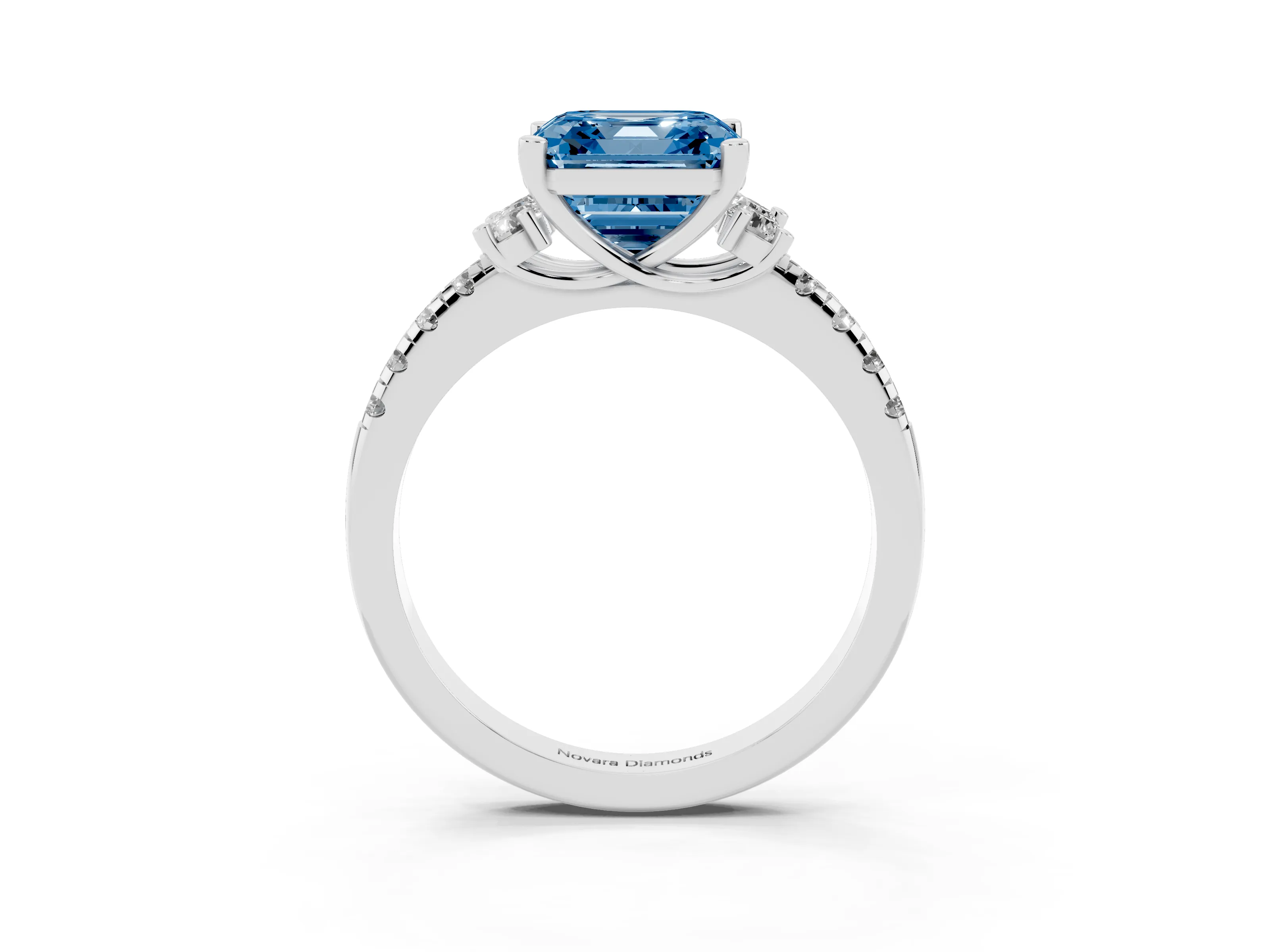 Fancy Blue Asscher Cut Diamond Three-Stone Pavé Ring Set in White gold with Prong Setting