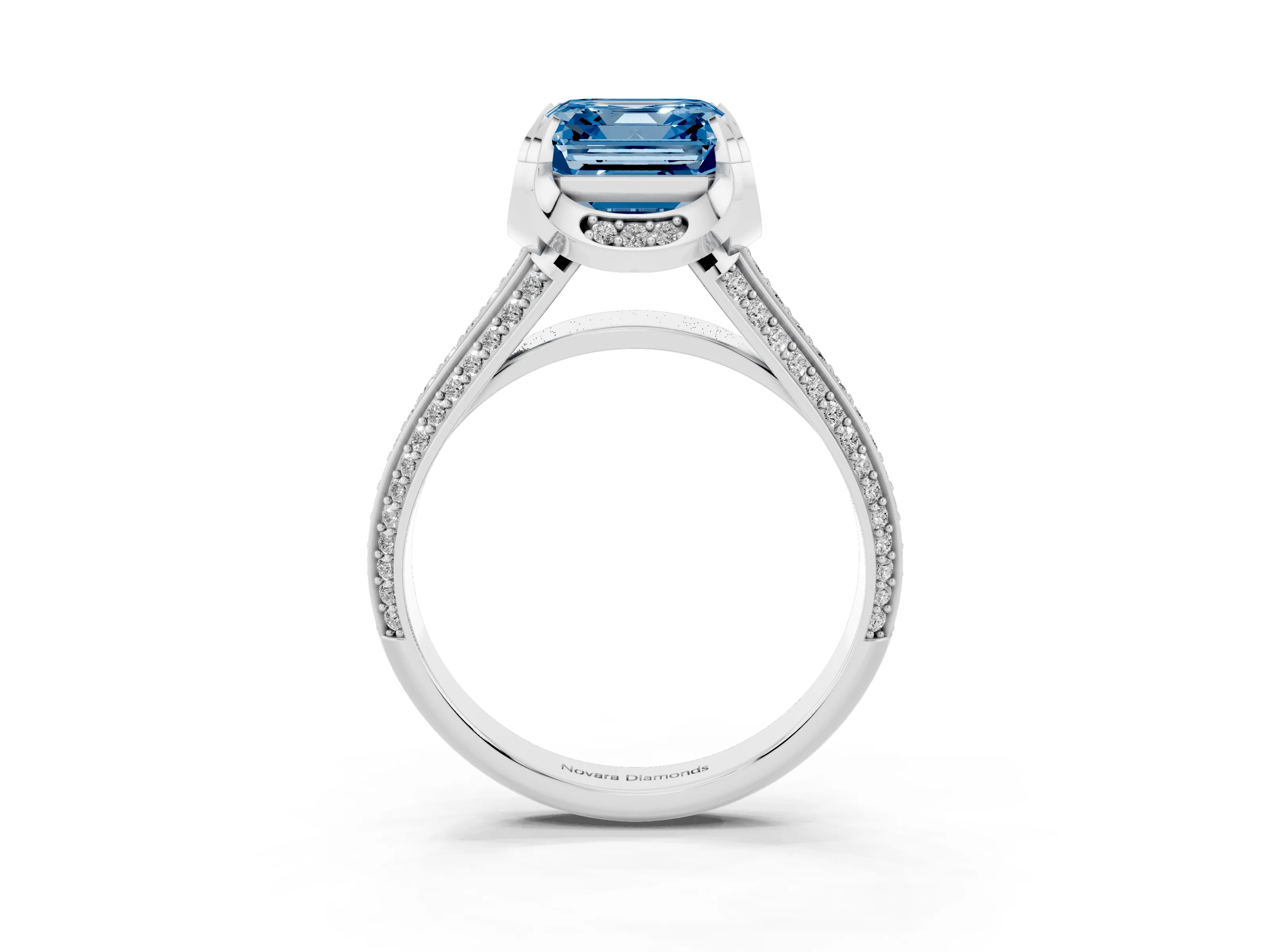 Fancy Blue Asscher Cut Diamond Pavé Split Shank Solitaire Ring Set in Platinum with Prong Setting