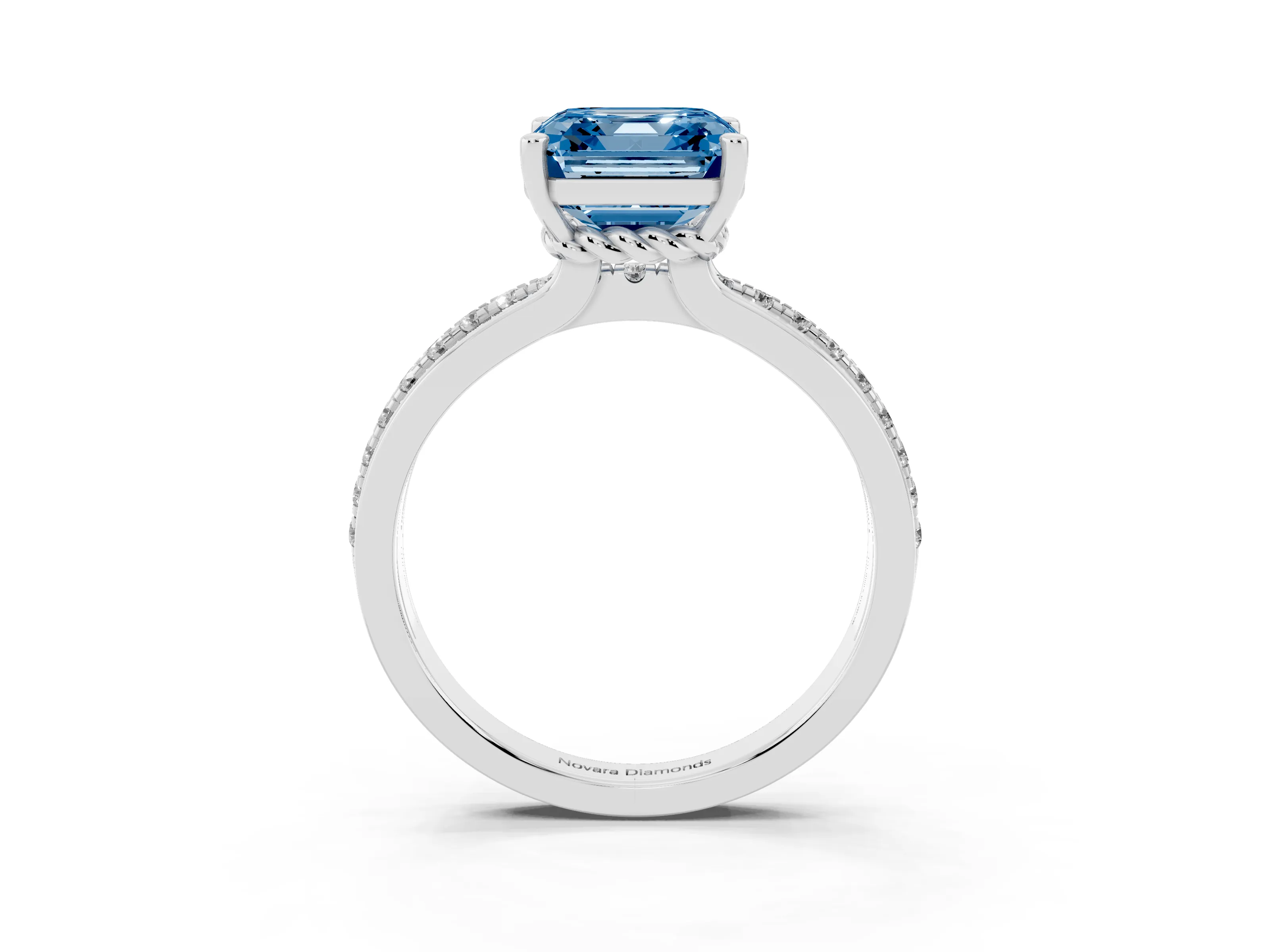 Fancy Blue Asscher Cut Diamond Solitaire Ring Set in White gold with Channel Set Band and Prong Setting