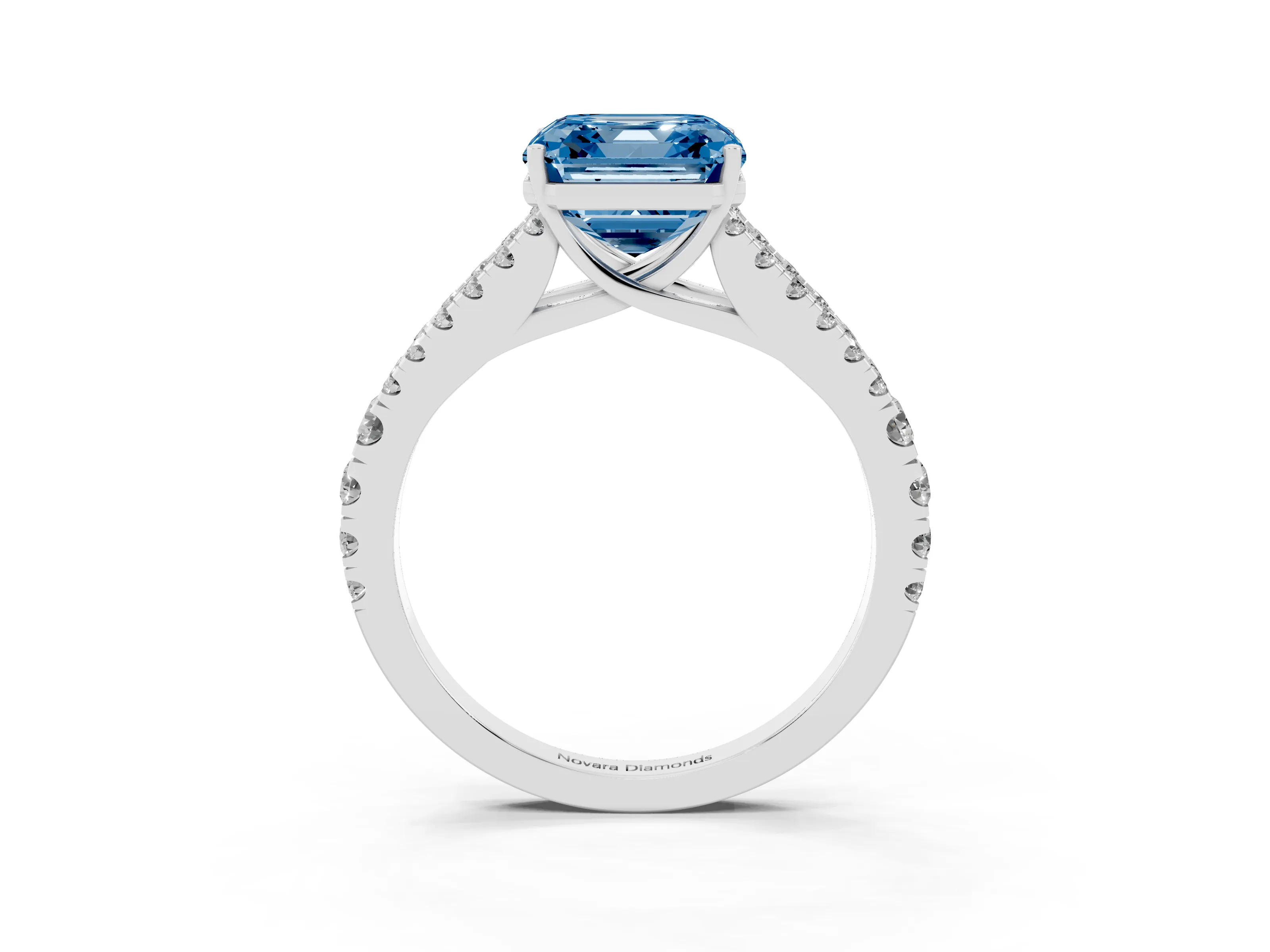 Fancy Blue Asscher Cut Diamond Split Shank Engagement Ring Set in Silver with Round Pavé and Prong Setting