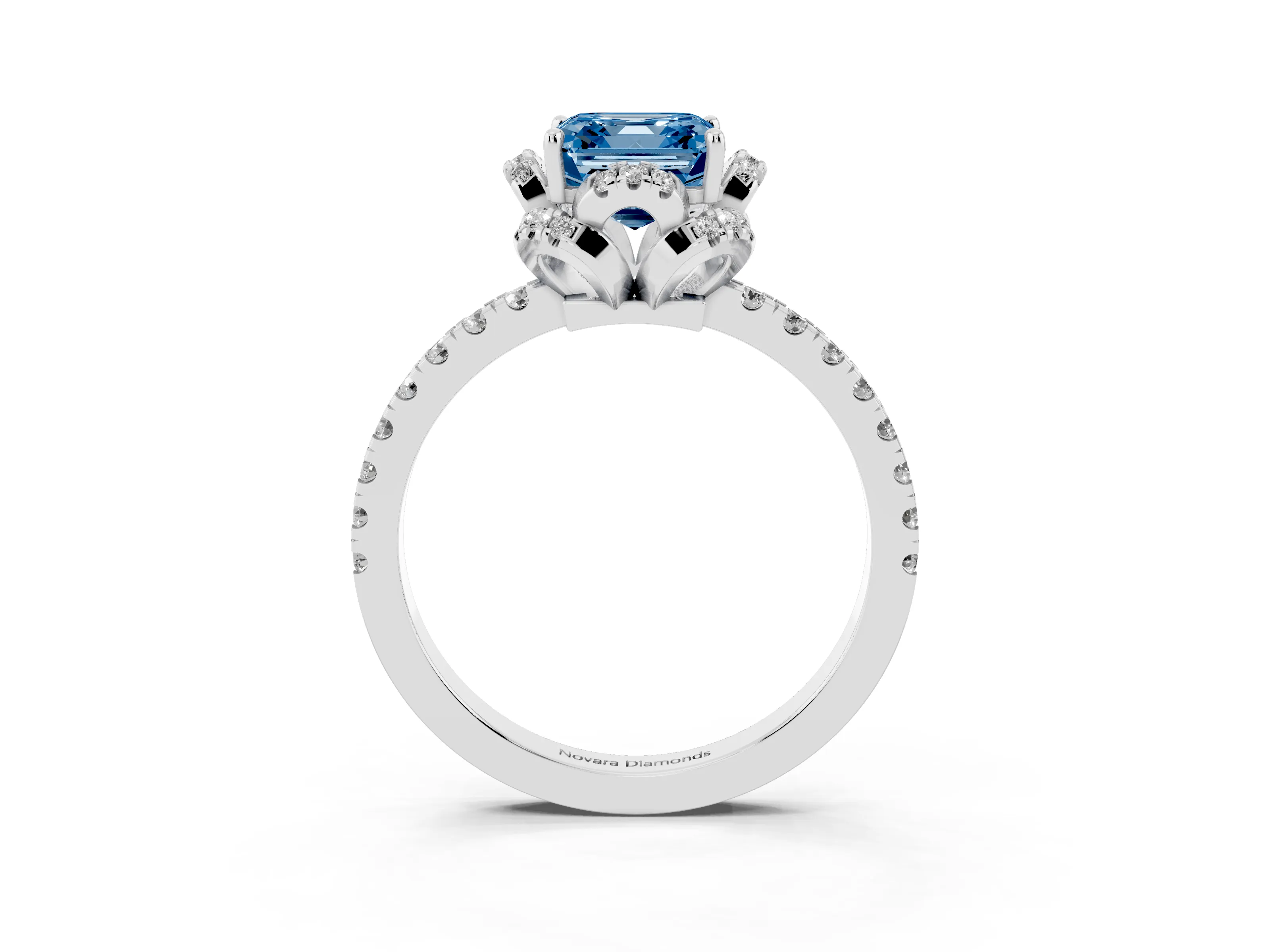 Fancy Blue Asscher Cut Diamond Halo Pavé Band Ring Set in Silver with Prong-Held Center