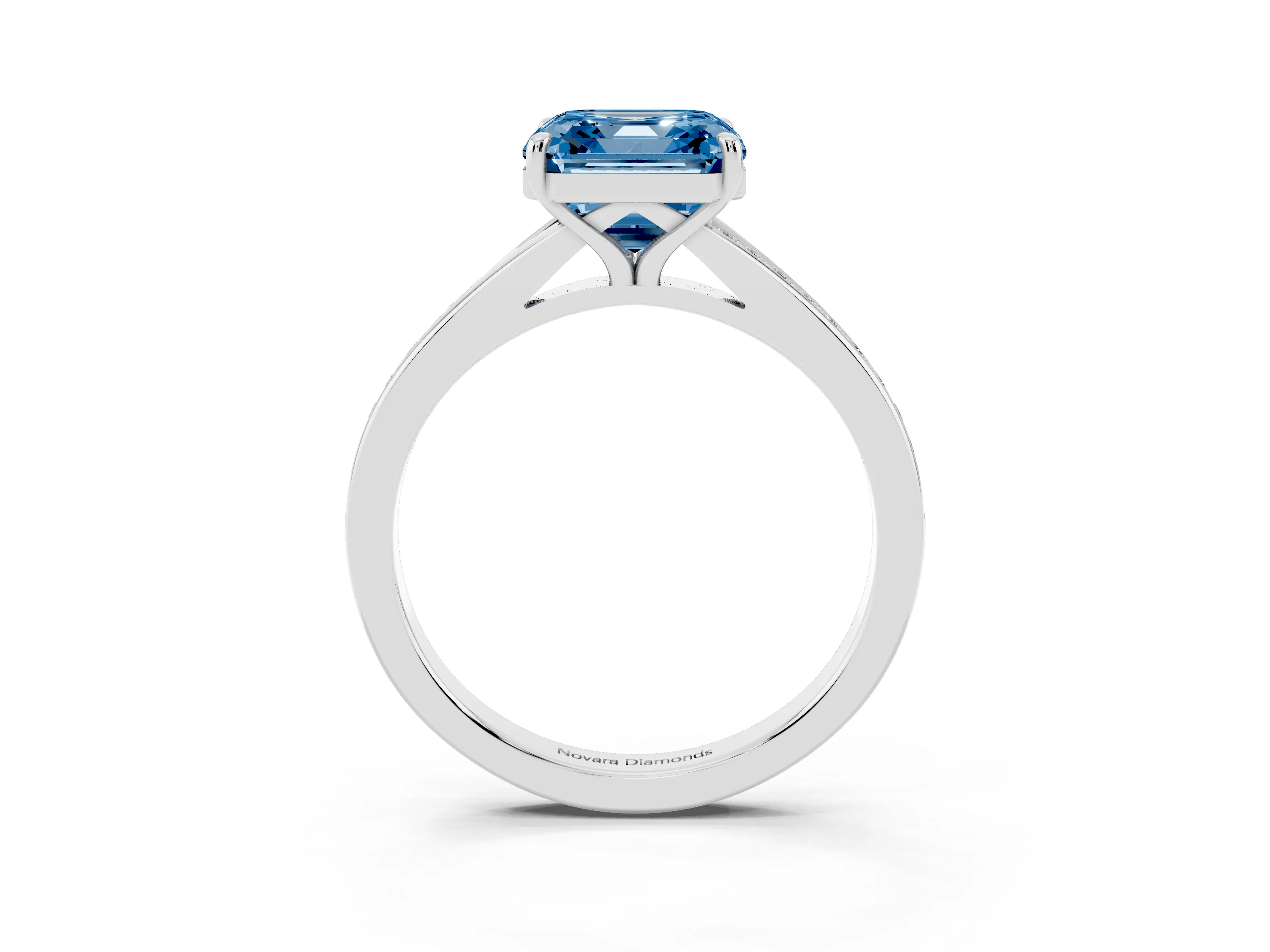 Fancy Blue Asscher Cut Diamond Solitaire Ring Set in Silver with Pavé Accent Band and Classic Prong Setting