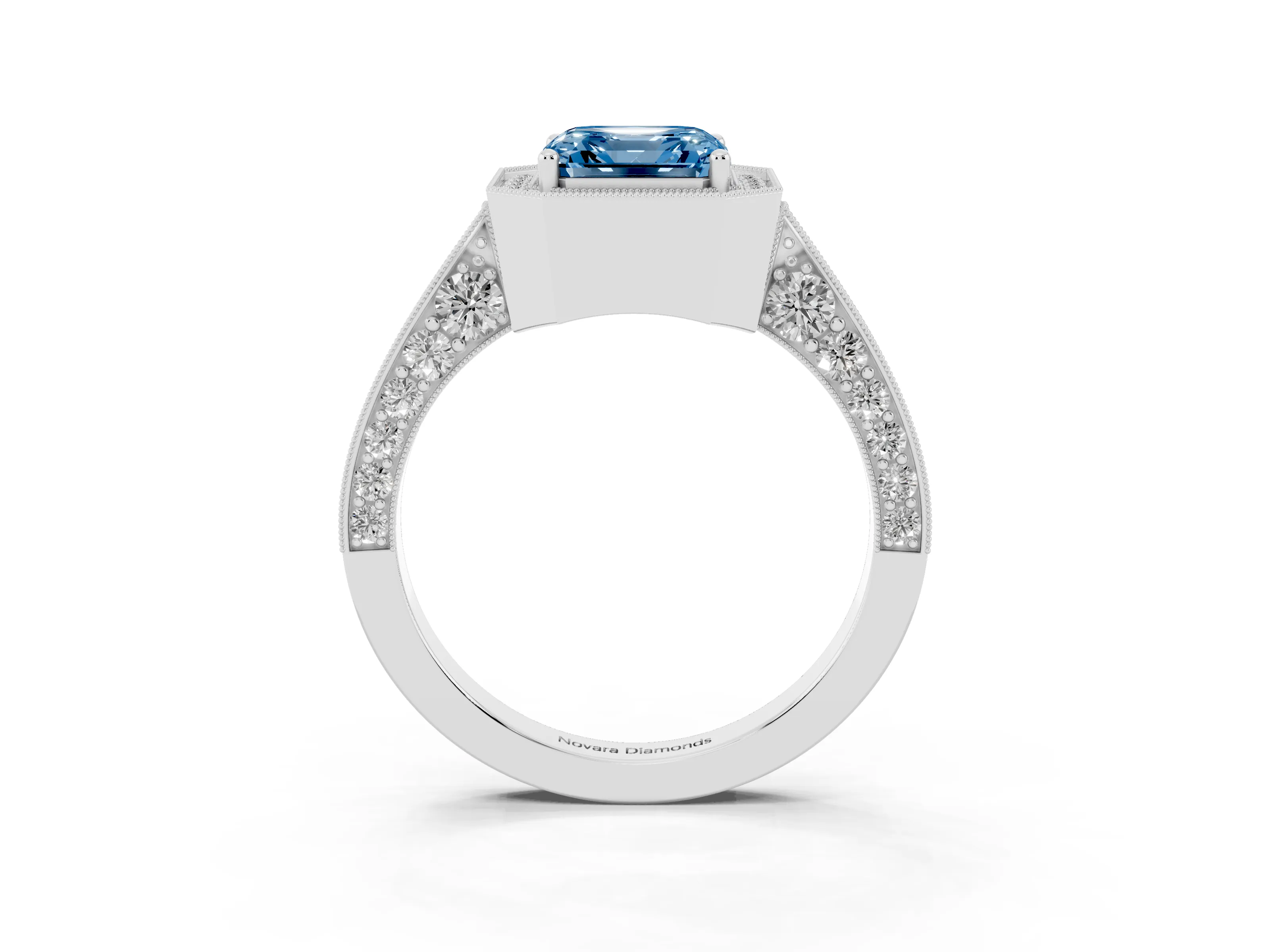Fancy Blue Asscher Cut Diamond Halo Engagement Ring Set in Platinum with Accent Split Shank Band