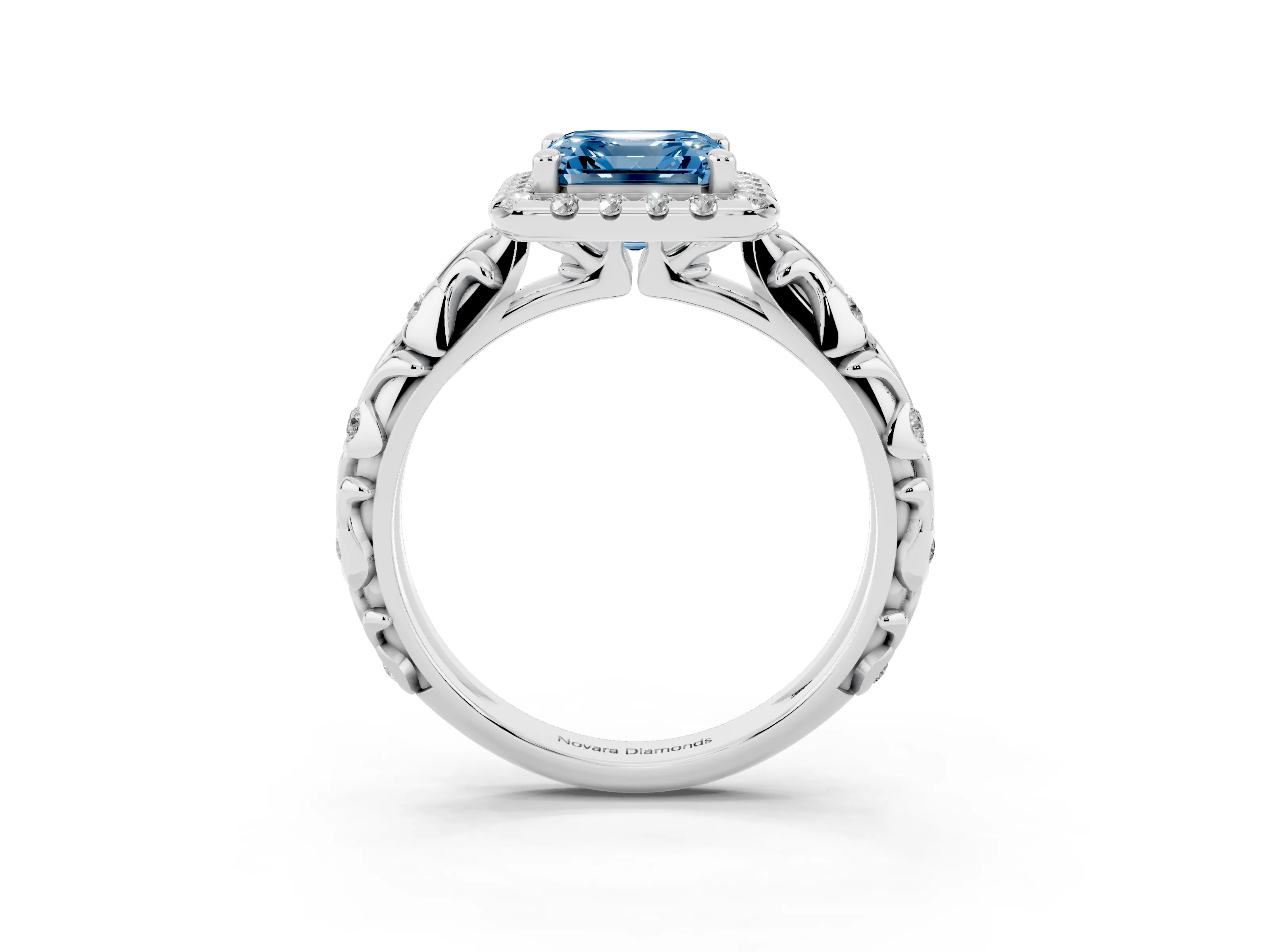 Fancy Blue Asscher Cut Diamond Halo Ring Set in White gold with Filigree Leaf Band and Prong Setting