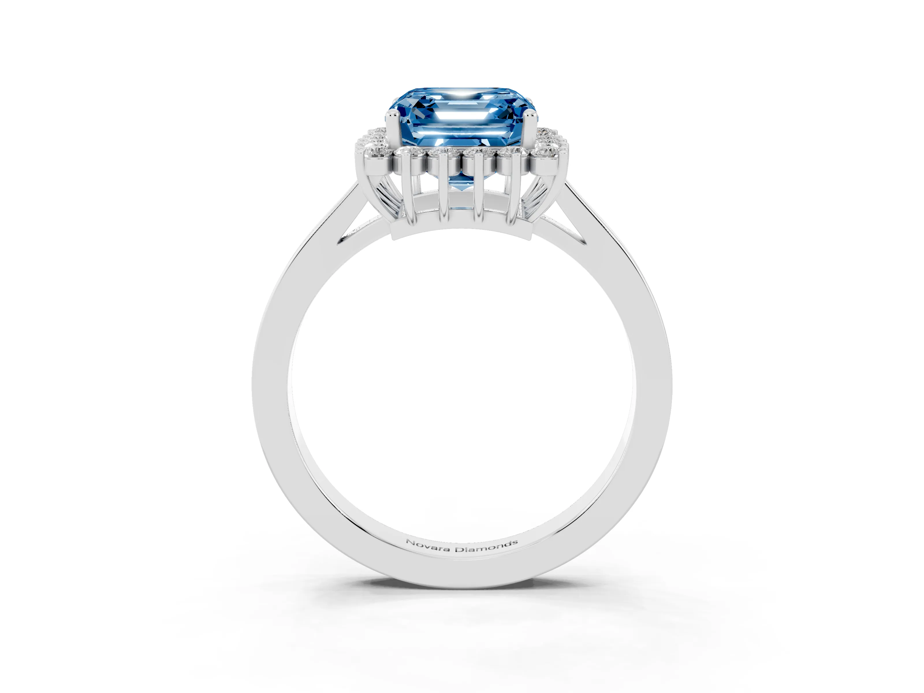 Fancy Blue Asscher Cut Diamond Halo Ring Set in Platinum with Round Halo and Smooth Solitaire Band