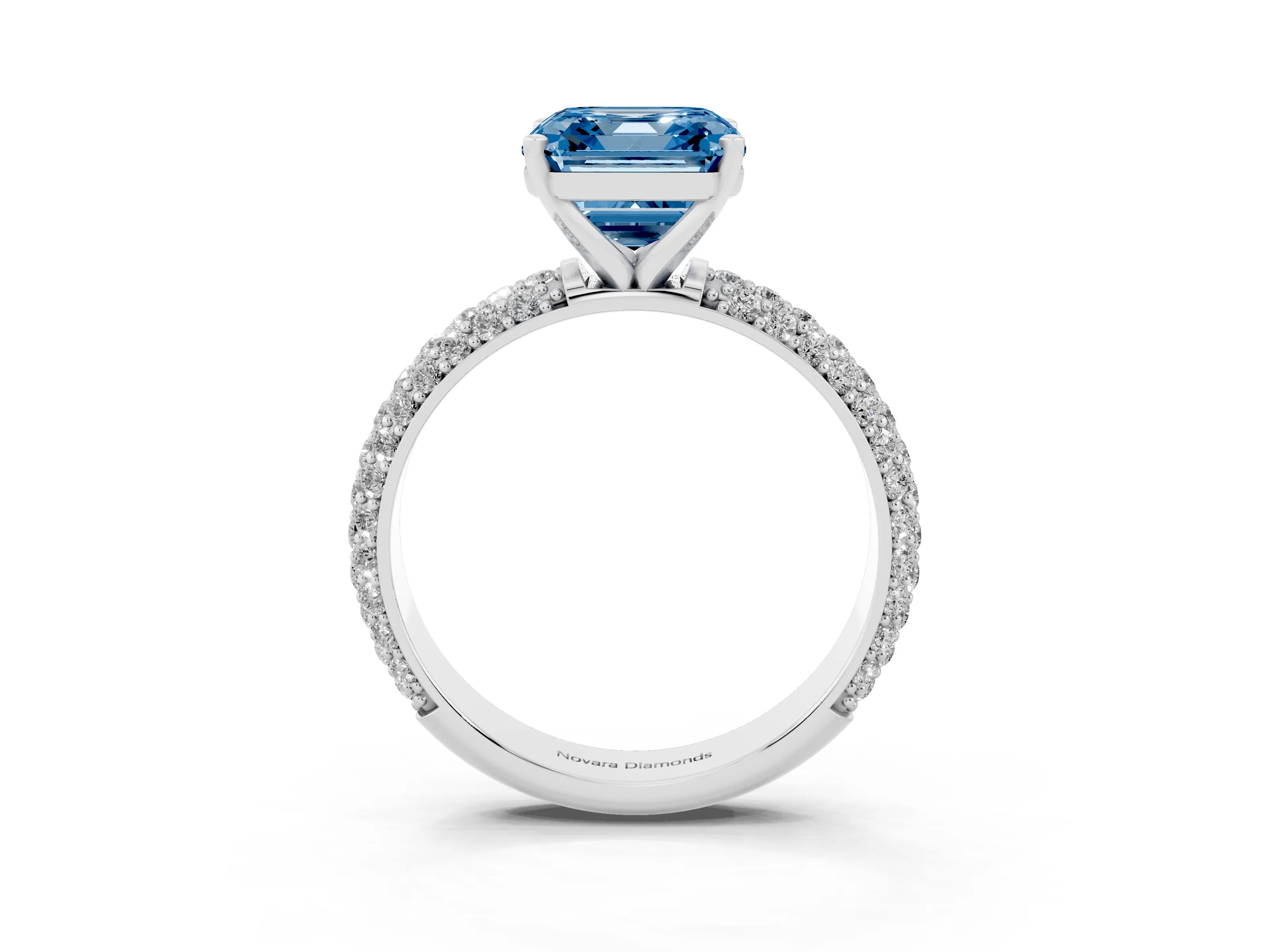 Fancy Blue Asscher Cut Diamond Solitaire Ring Set in White gold with Prong Setting and Pavé-Set Band