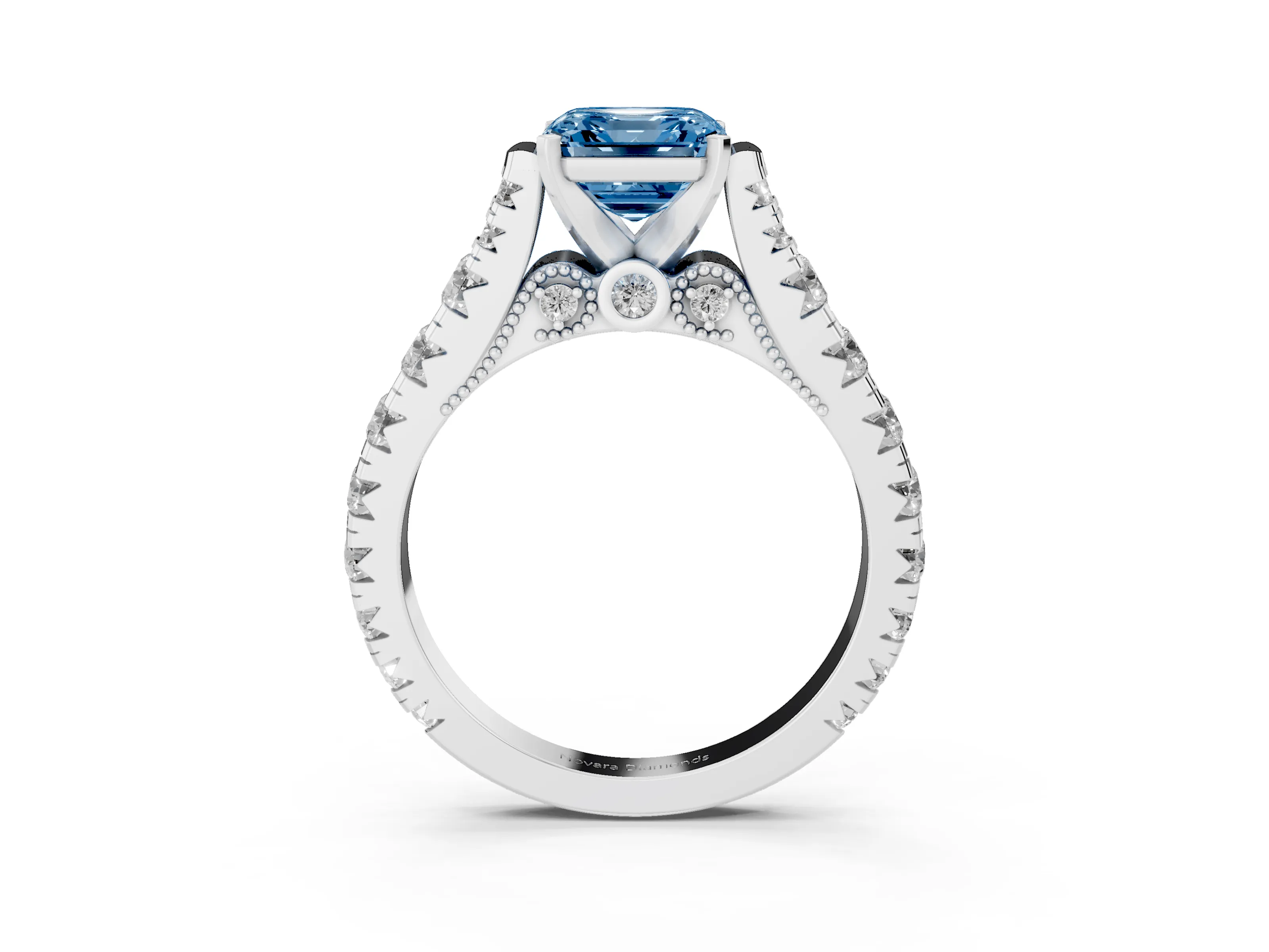 Fancy Blue Asscher Cut Diamond Classic Solitaire Ring Set in White gold with Pavé Band and Prong Setting