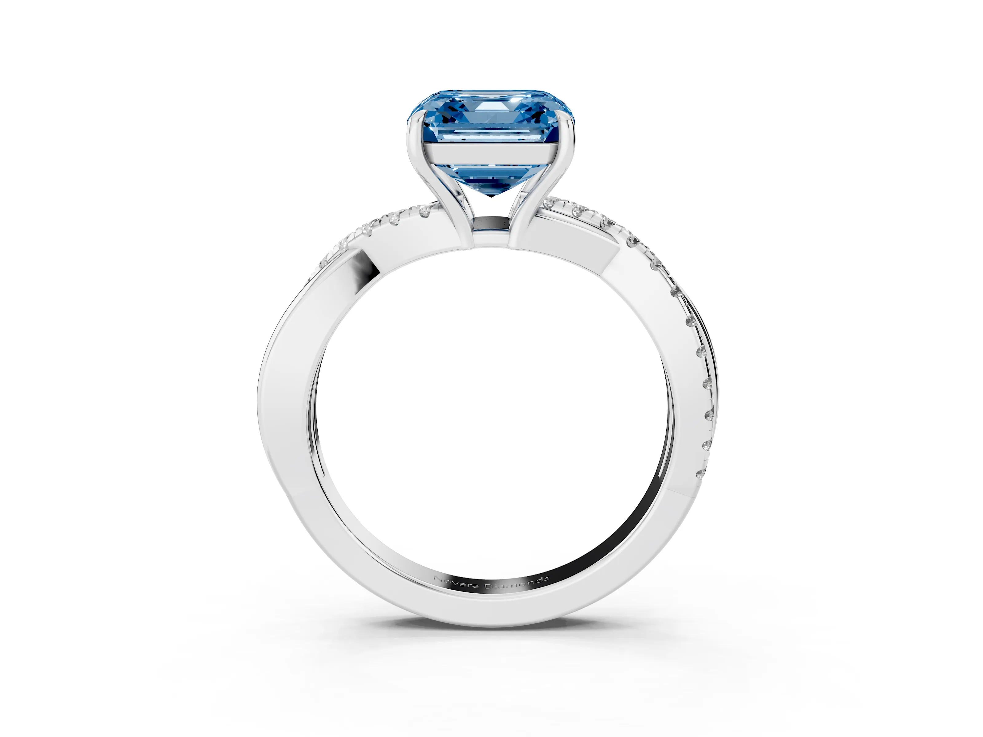Fancy Blue Asscher Cut Diamond Twisted Pavé Band Ring Set in Silver with Prong Setting
