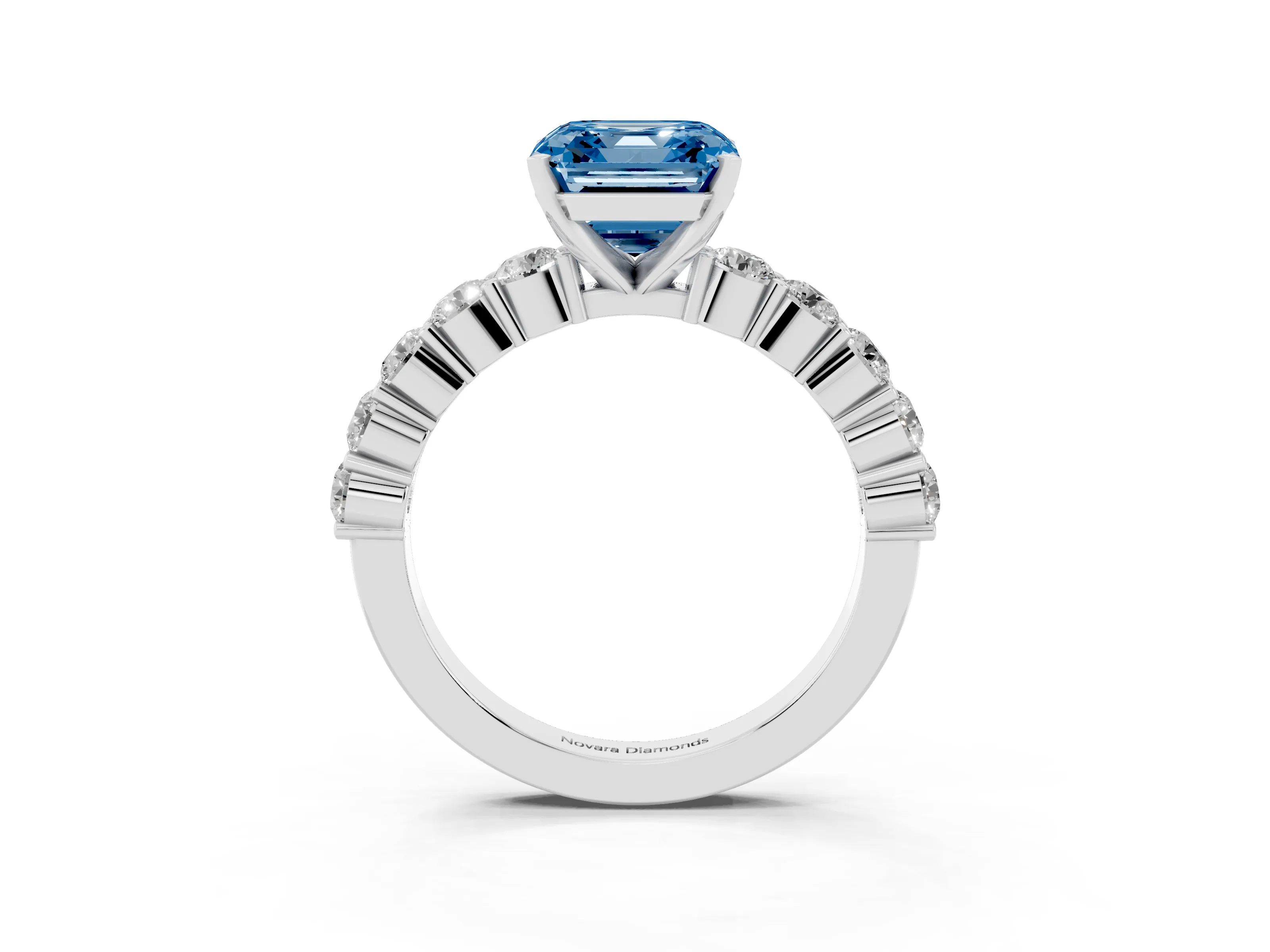 Fancy Blue Asscher Cut Diamond Solitaire Ring Set in Silver with Shared Prong Round Side Stones