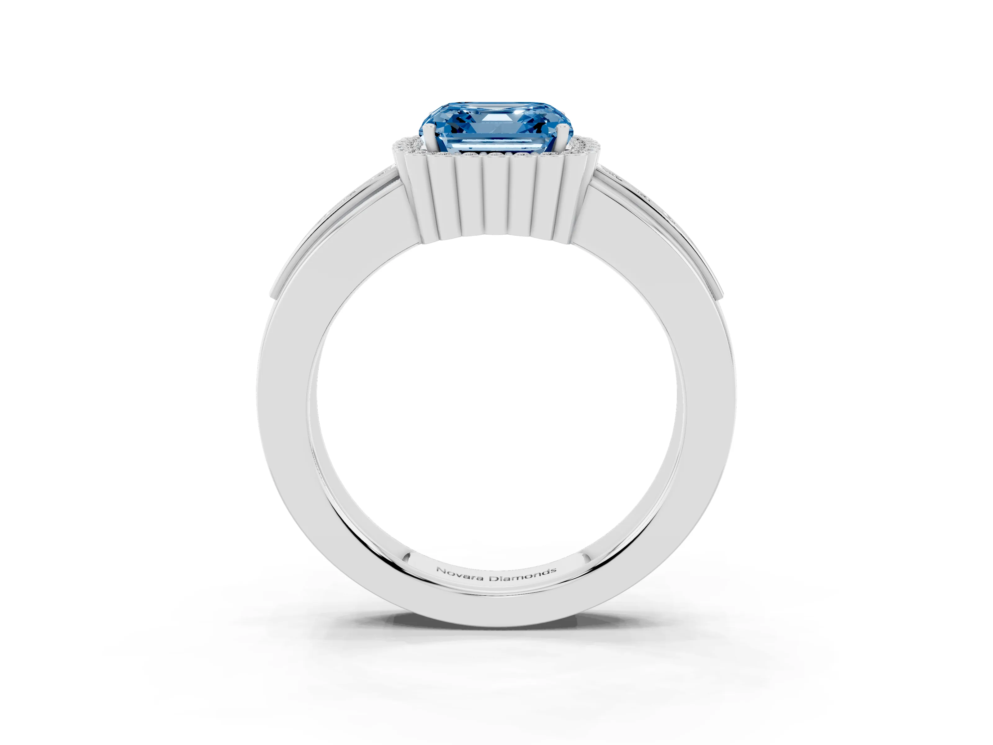 Fancy Blue Asscher Cut Diamond Halo Prong Ring Set in Platinum with Pavé Band