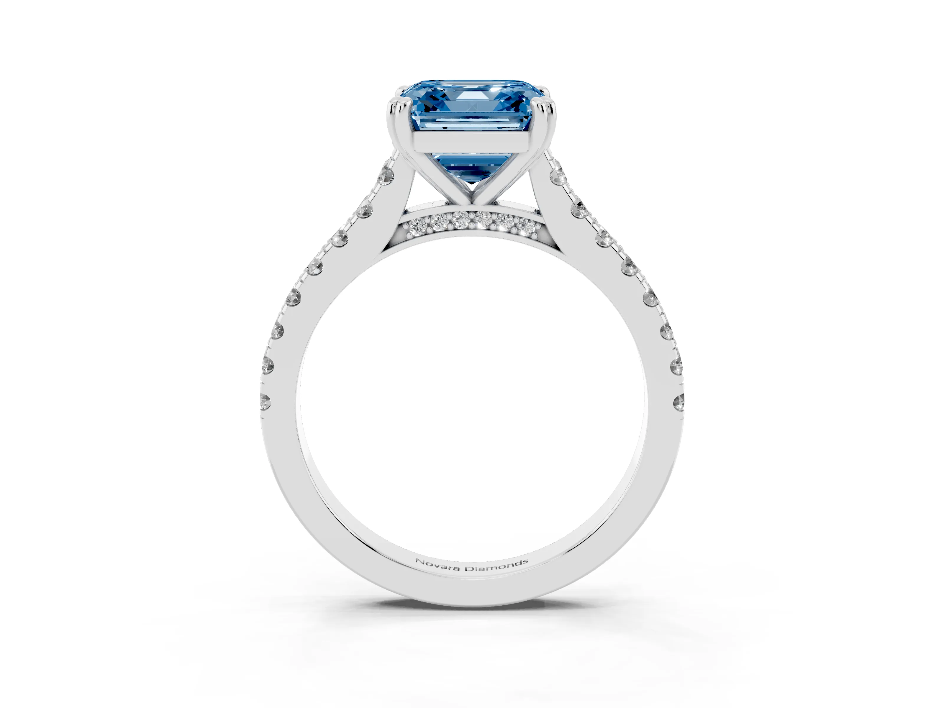 Fancy Blue Asscher Cut Diamond Solitaire Engagement Ring Set in Silver with Pavé Accents and Prong Setting