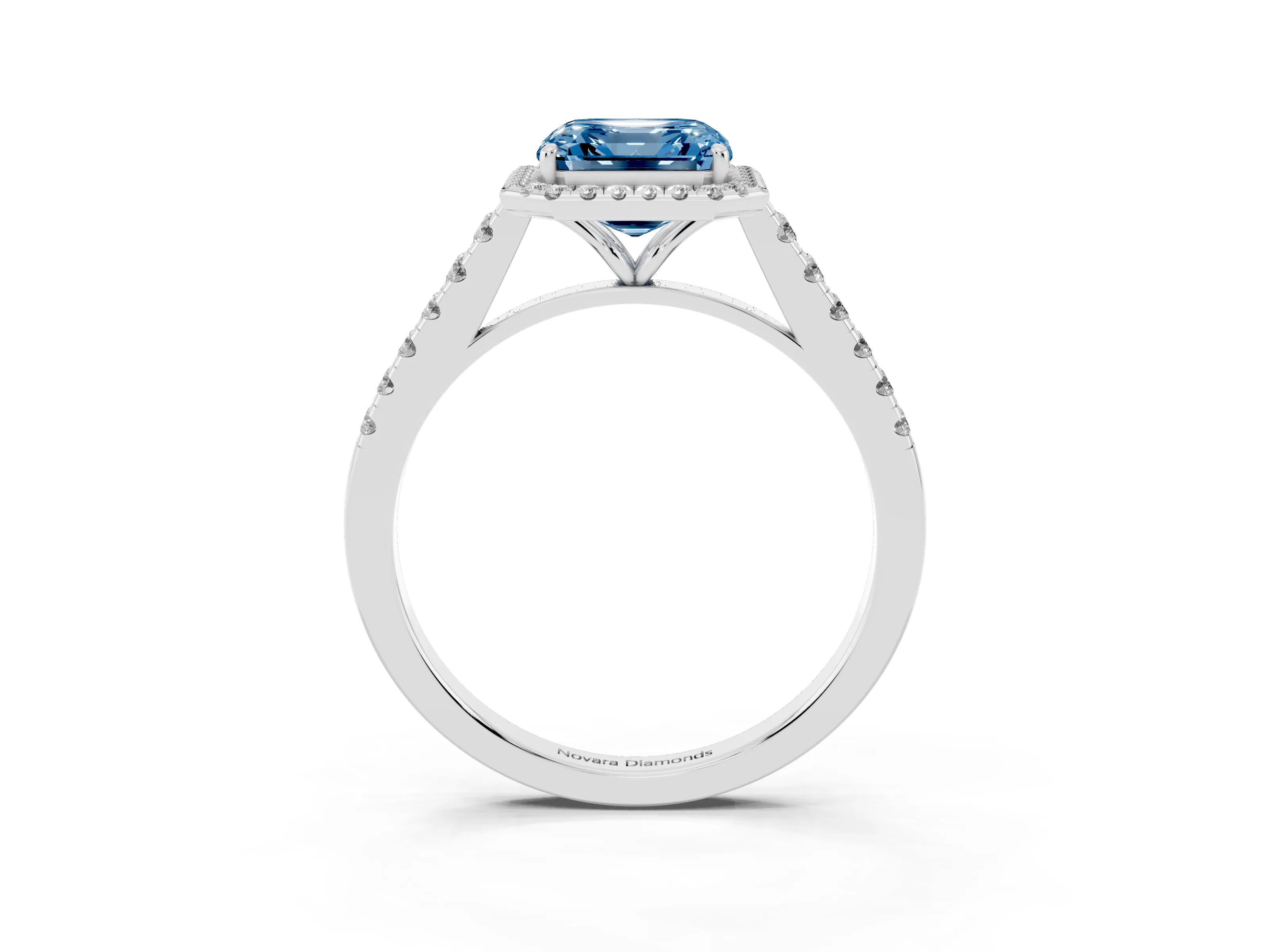 Fancy Blue Asscher Cut Diamond Halo Pavé Engagement Ring Set in White gold with Prong Setting