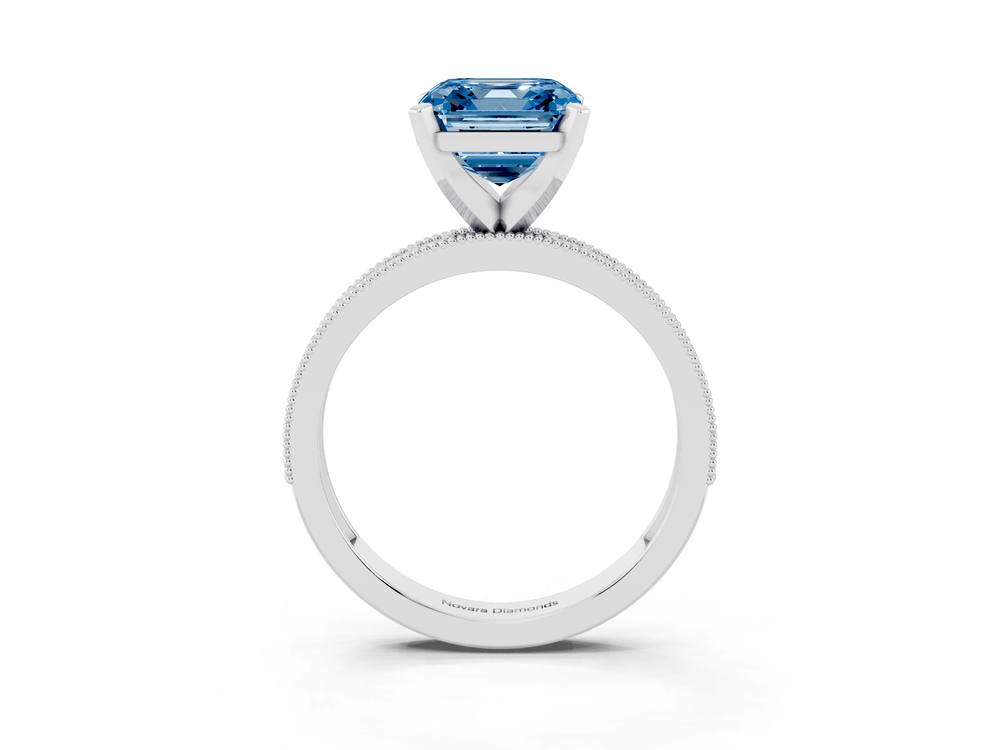 Fancy Blue Asscher Cut Diamond Milgrain Pavé Engagement Ring Set in Silver with Prong Setting