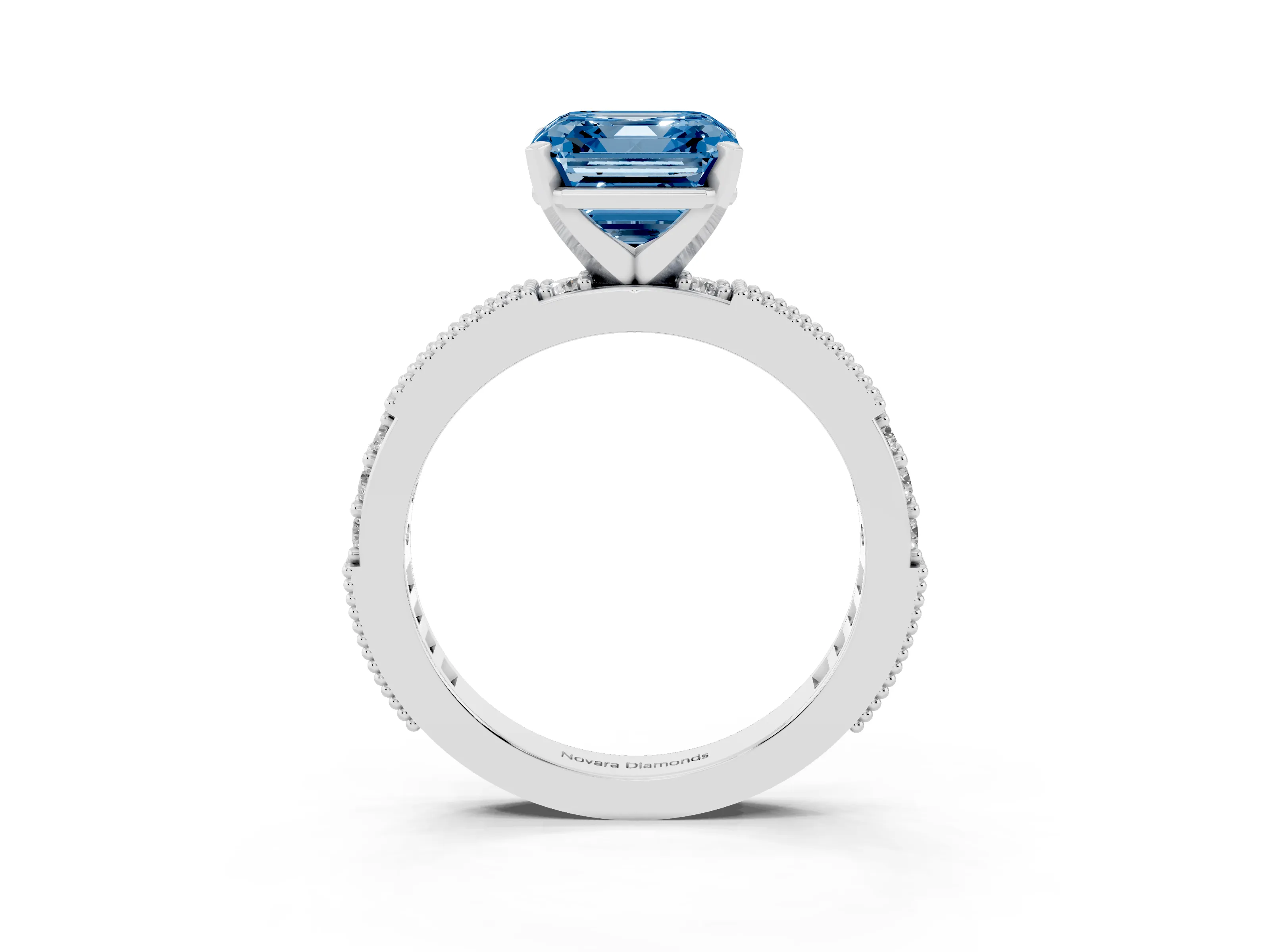 Fancy Blue Asscher Cut Diamond Solitaire Ring Set in Silver with Slim Pavé Band and Prong Setting