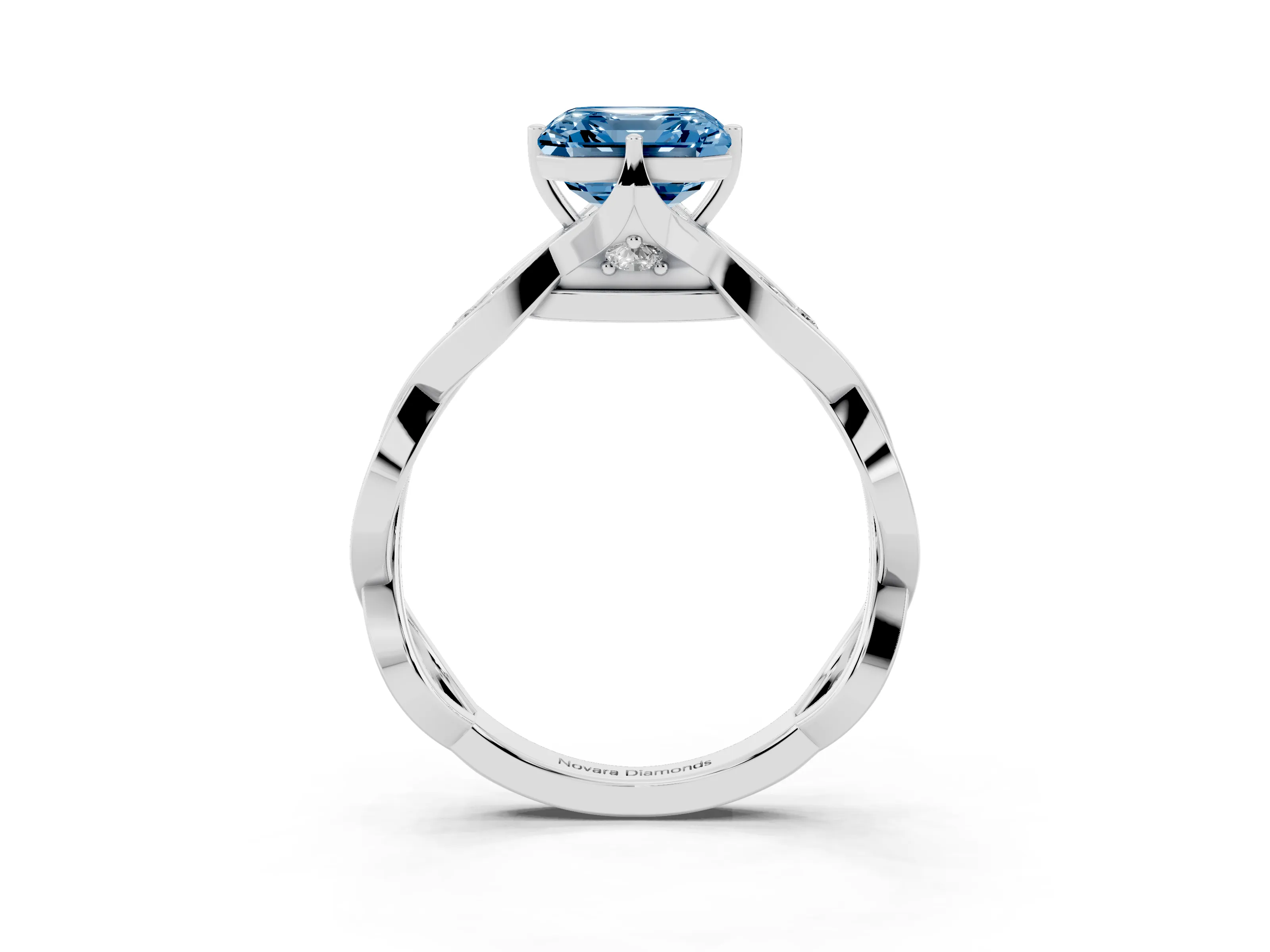 Fancy Blue Asscher Cut Diamond Twist Band Solitaire Ring Set in Platinum with Leaf Prong Setting and Accent Stones