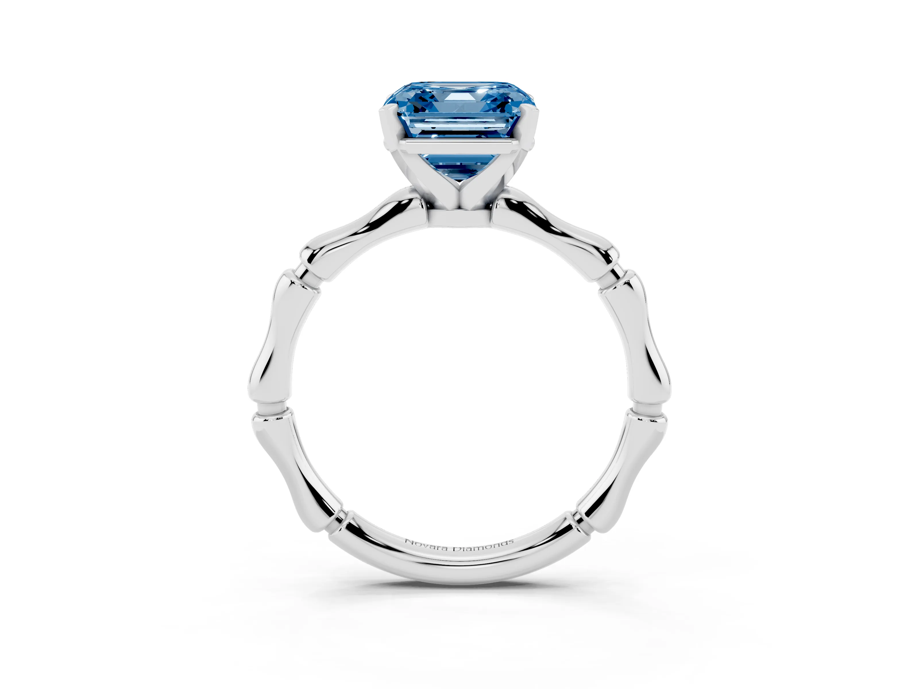Fancy Blue Asscher Cut Diamond Solitaire Ring Set in Silver with Bamboo Band and Prong Setting