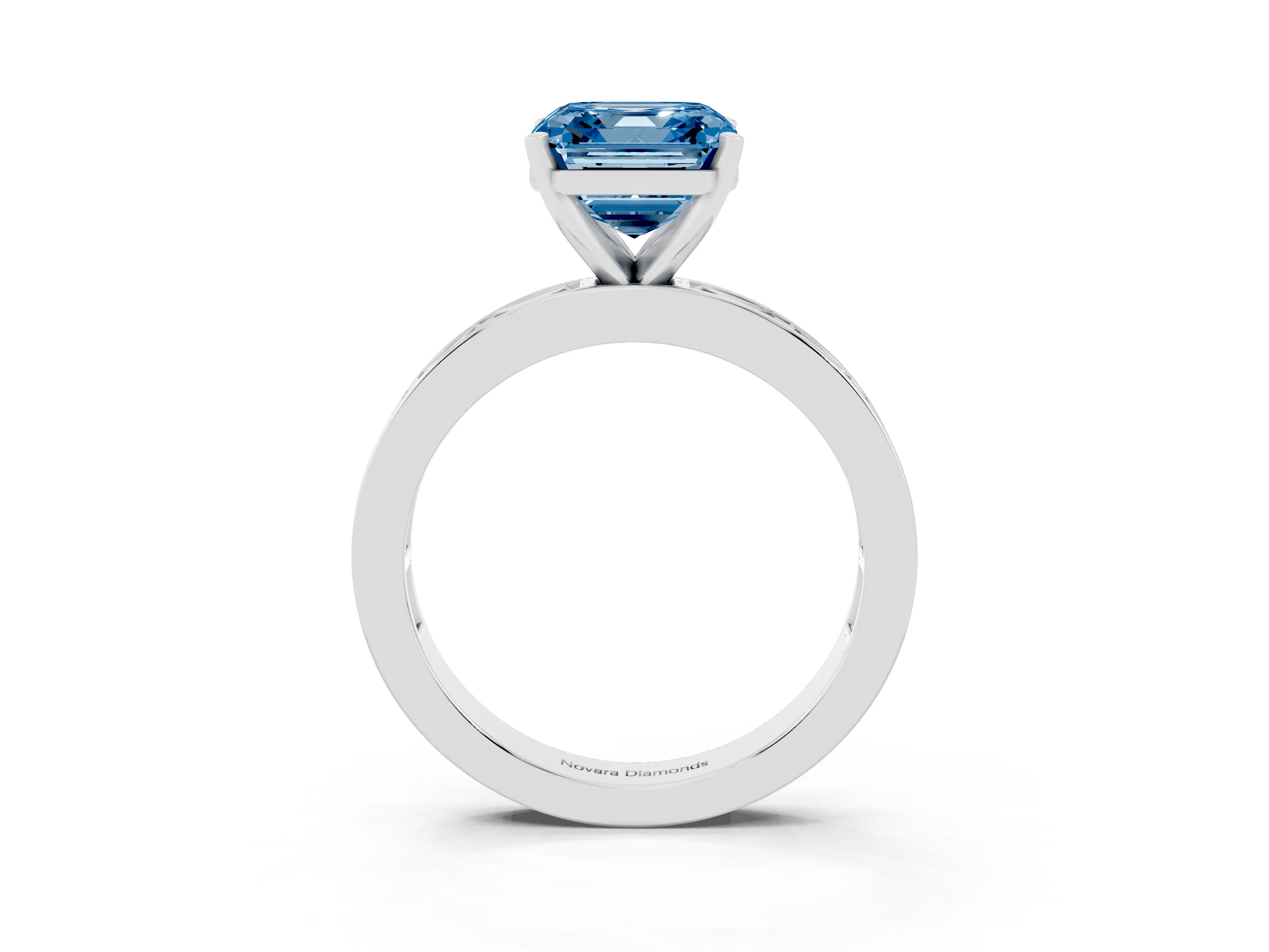 Fancy Blue Asscher Cut Diamond Solitaire Ring Set in White gold with Channel-Set Baguette Band and Prong Setting