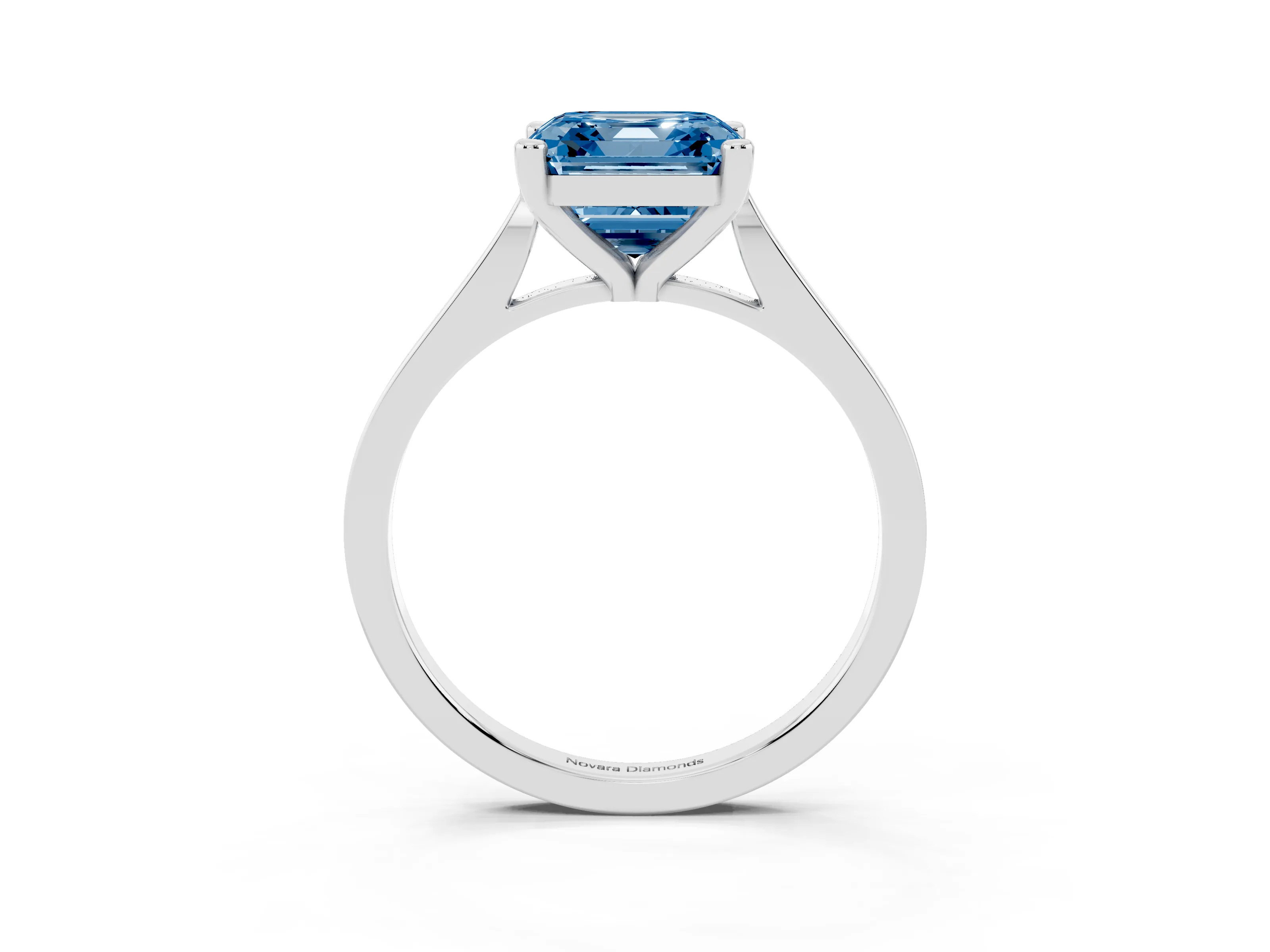 Fancy Blue Asscher Cut Diamond Solitaire Ring Set in White gold with Prong Setting and Tapered Band