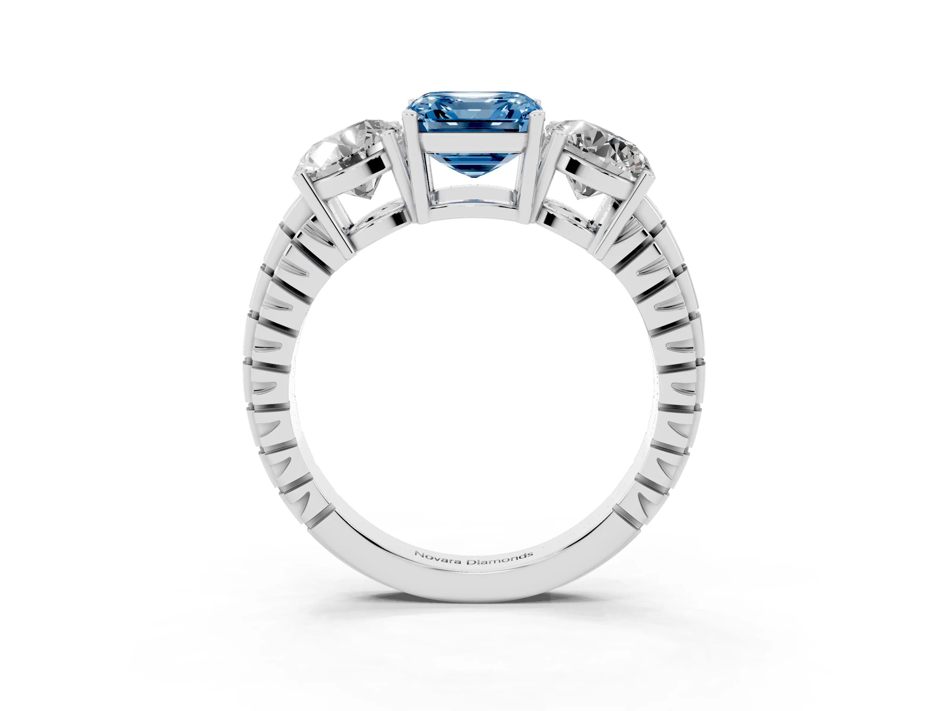 Fancy Blue Asscher Cut Diamond Three-Stone Ring Set in Silver with Channel-Set Accent Band