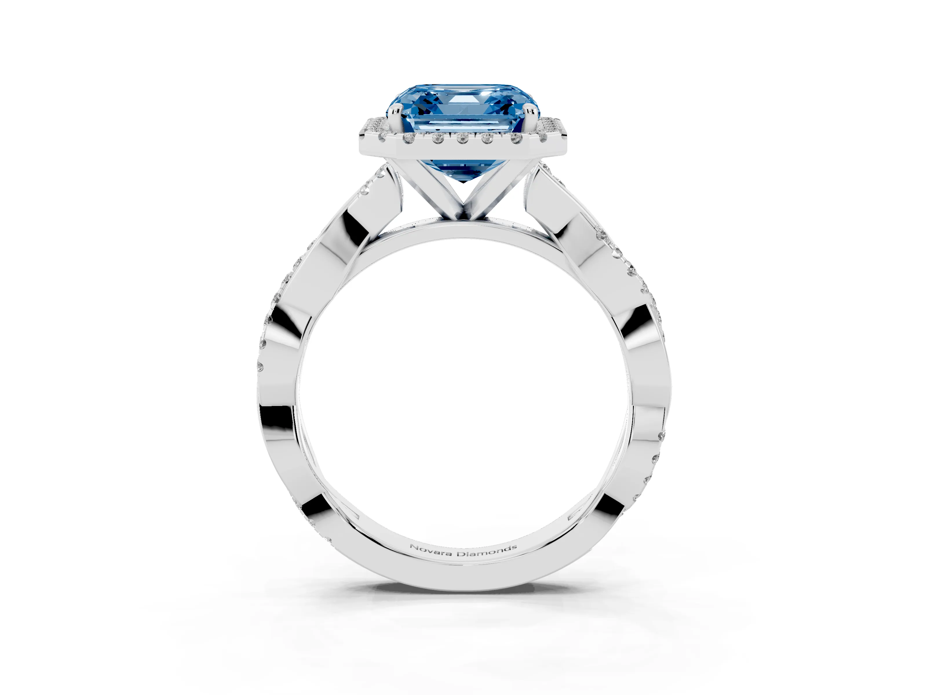 Fancy Blue Asscher Cut Diamond Halo Twisted Band Ring Set in White gold with Prong Setting