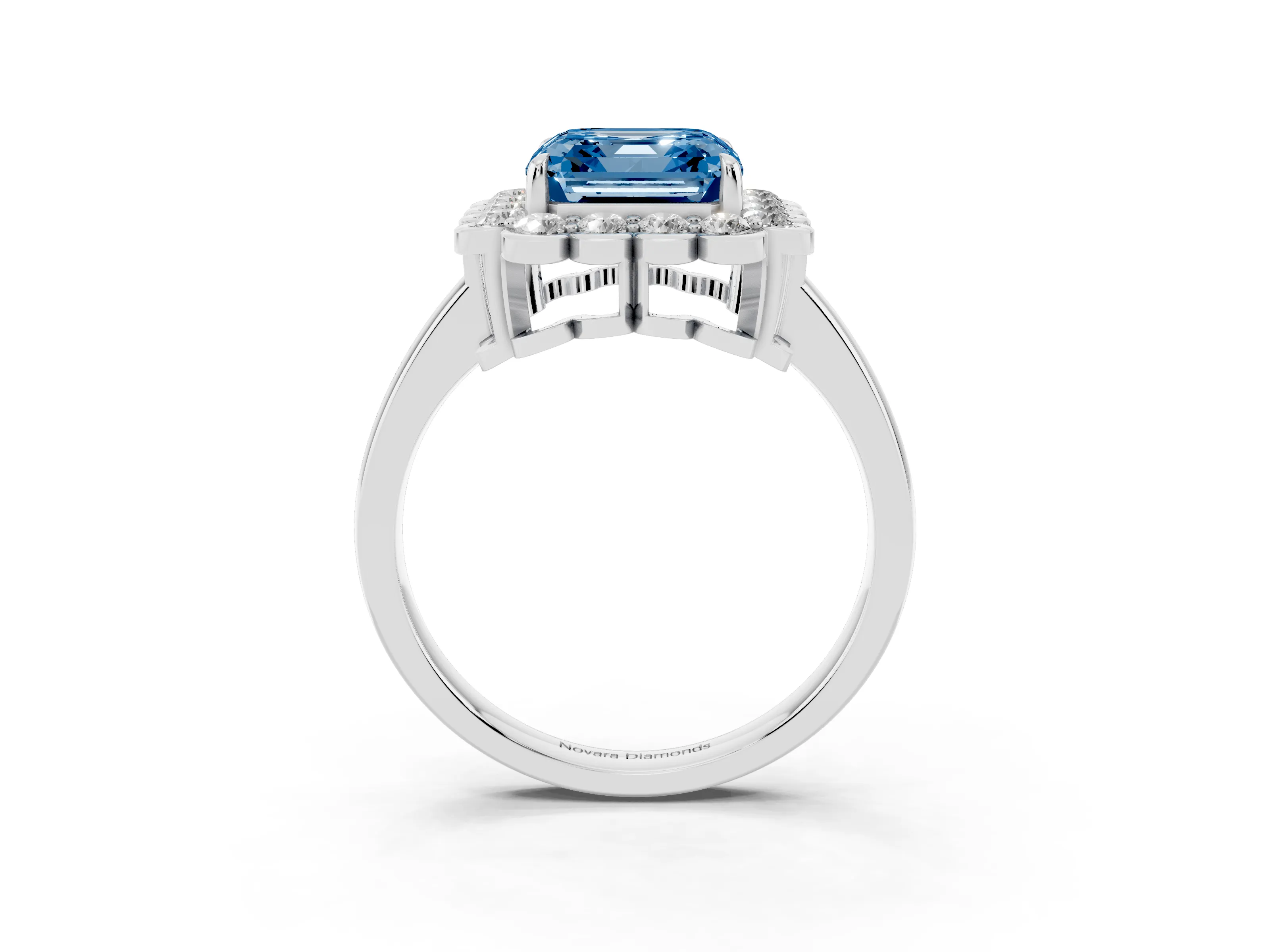 Fancy Blue Asscher Cut Diamond Halo Cluster Engagement Ring Set in White gold with Solitaire Band and Prong Setting
