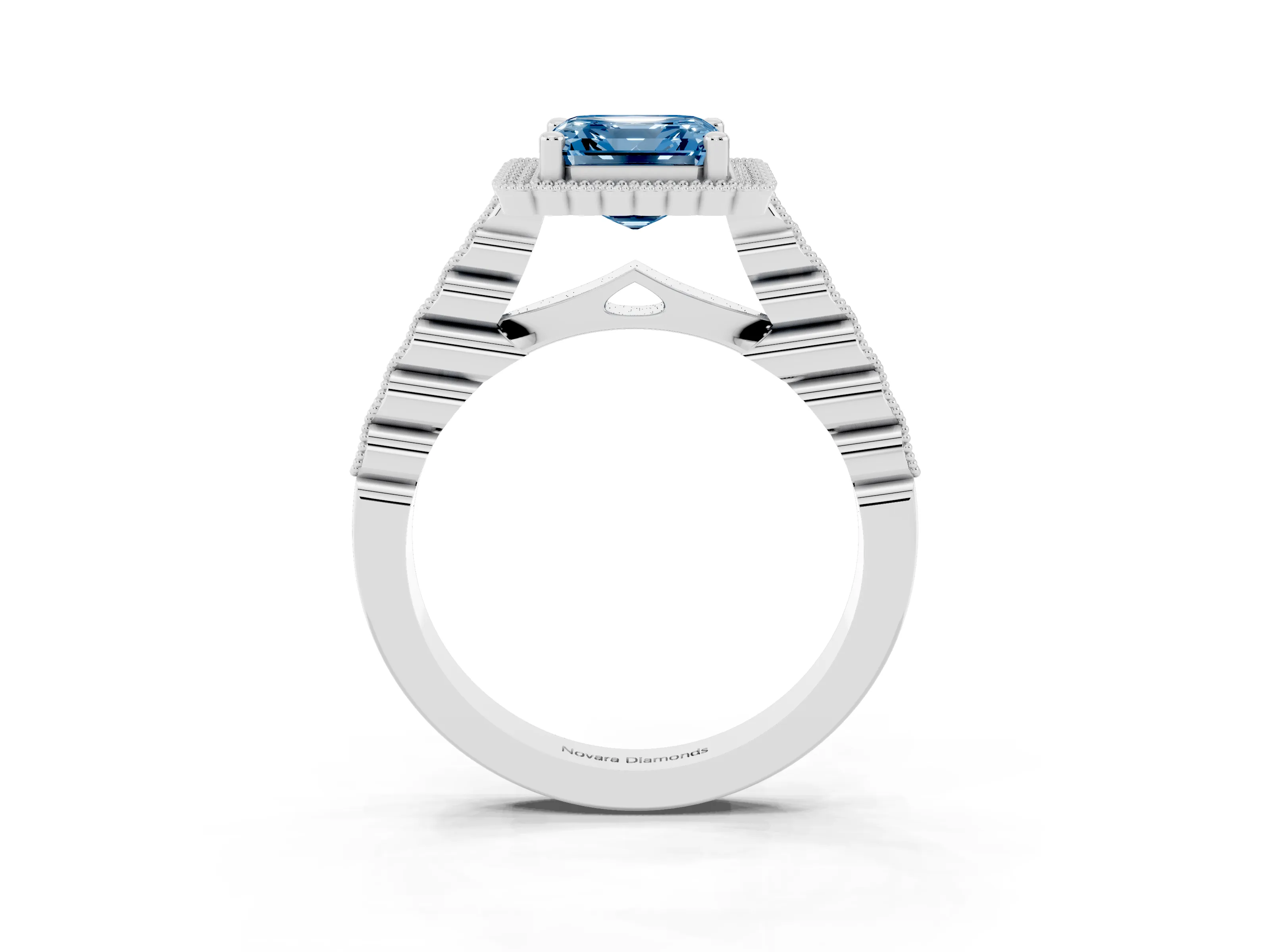 Fancy Blue Asscher Cut Diamond Halo Ring Set in Platinum with Pavé Milgrain Band