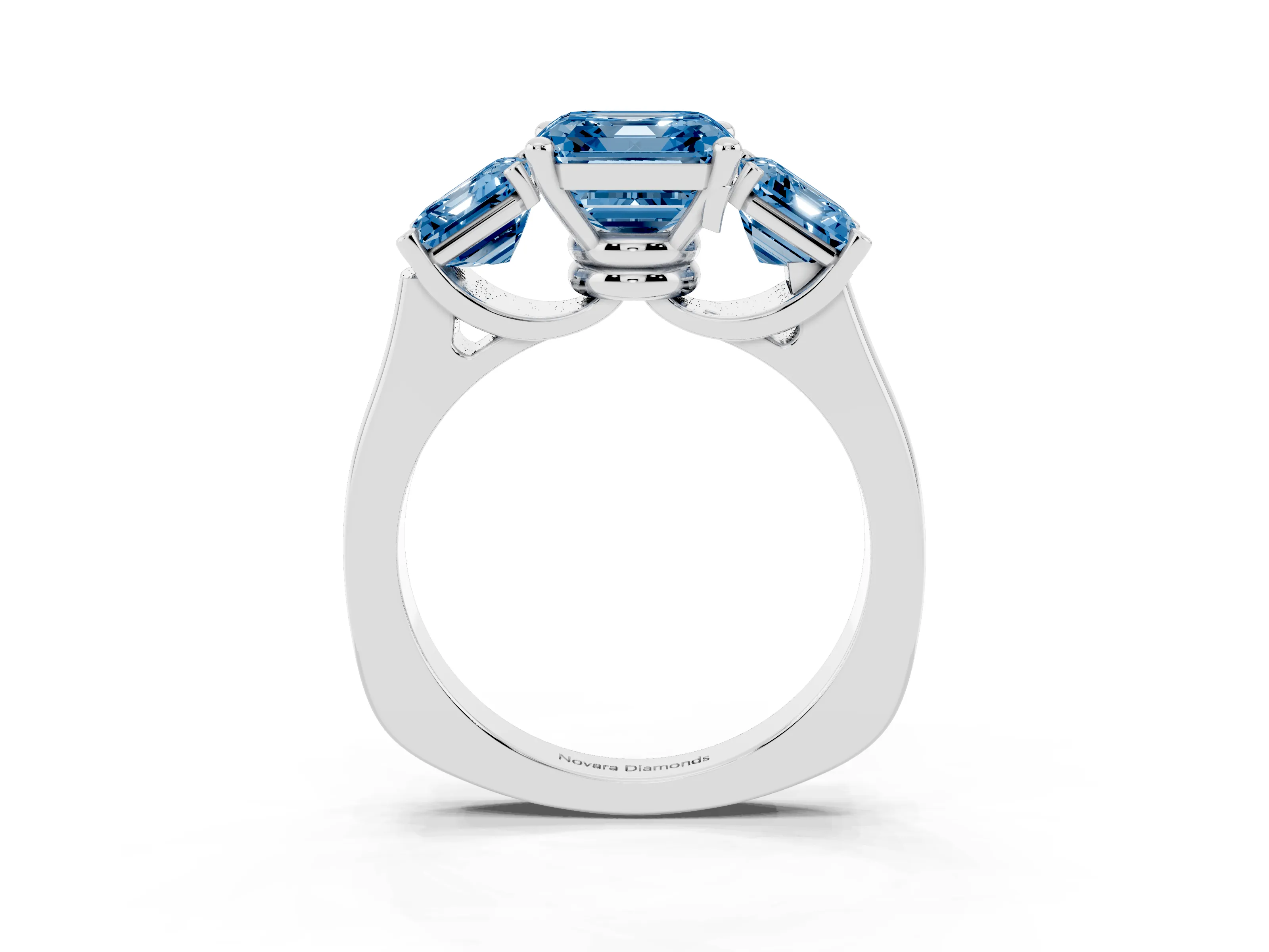 Fancy Blue Asscher Cut Diamond Three-Stone Trellis Ring Set in White gold with Comfort Fit Band