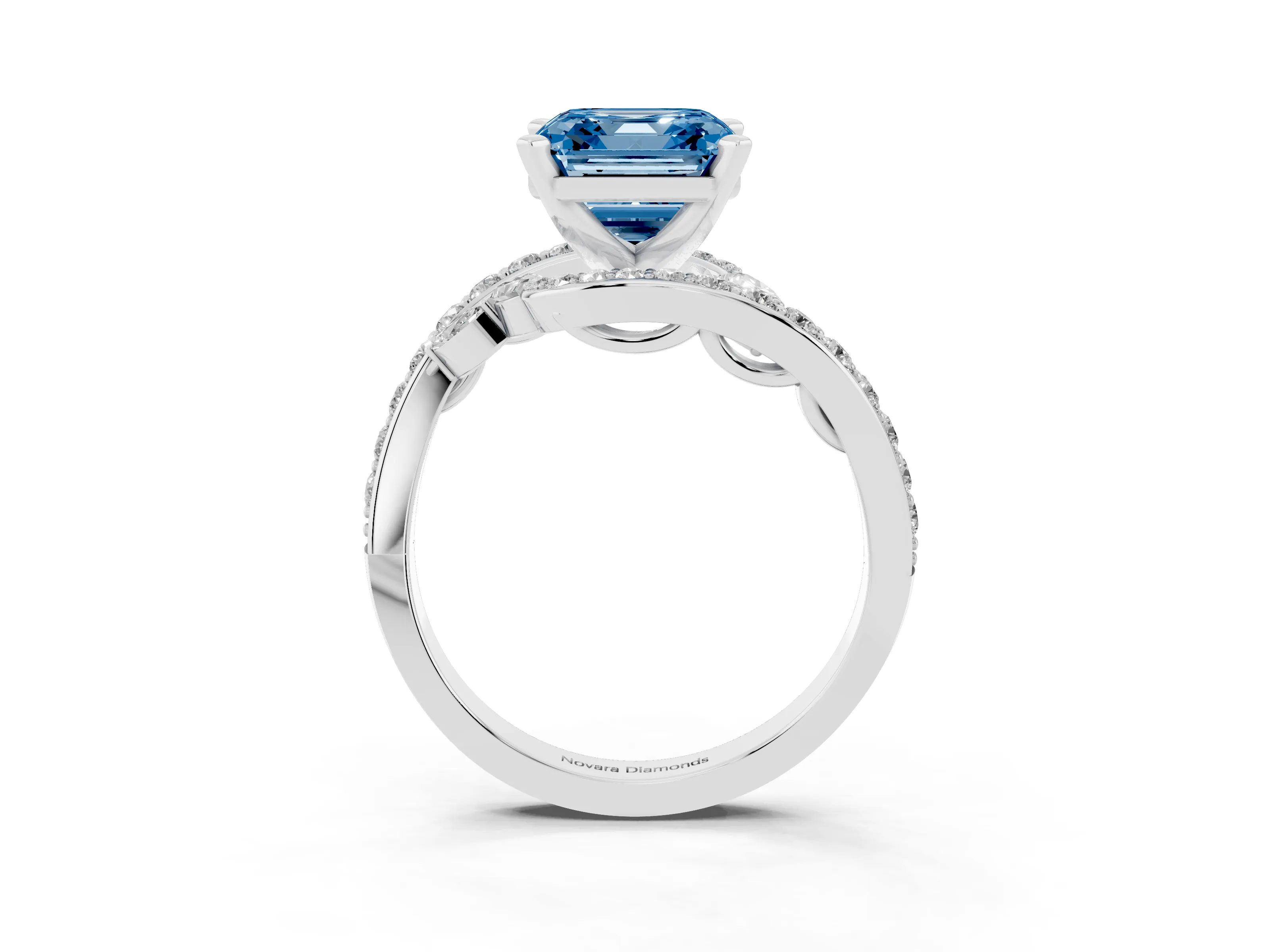 Fancy Blue Asscher Cut Diamond Solitaire Ring Set in Silver with Pavé Twist Band and Secure Prong Setting