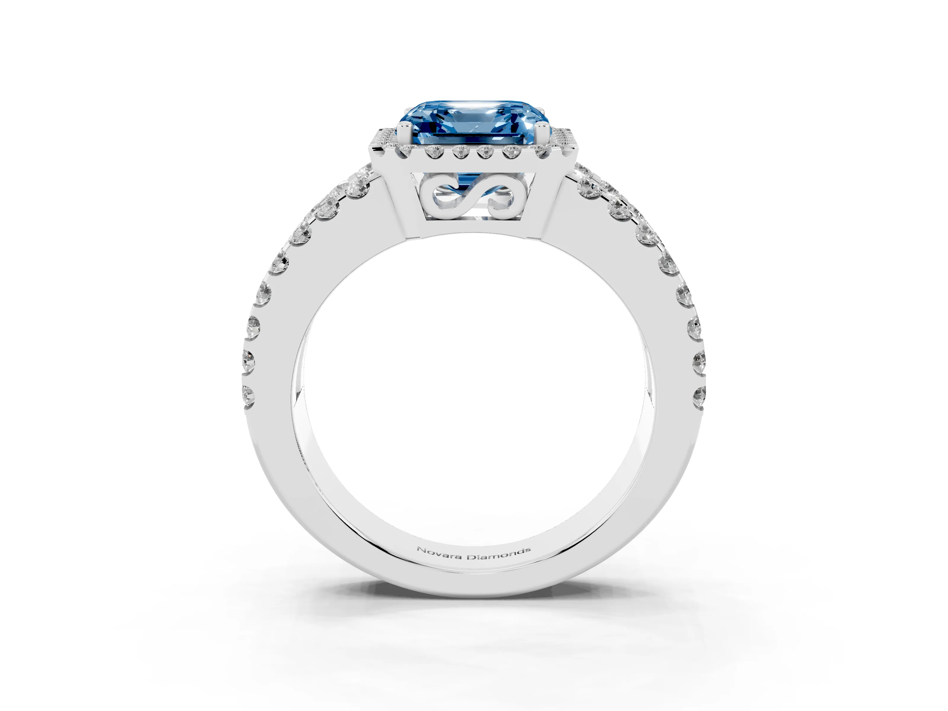 Fancy Blue Asscher Cut Diamond Halo Ring Set in Platinum with Pavé Split Shank and Prong Setting