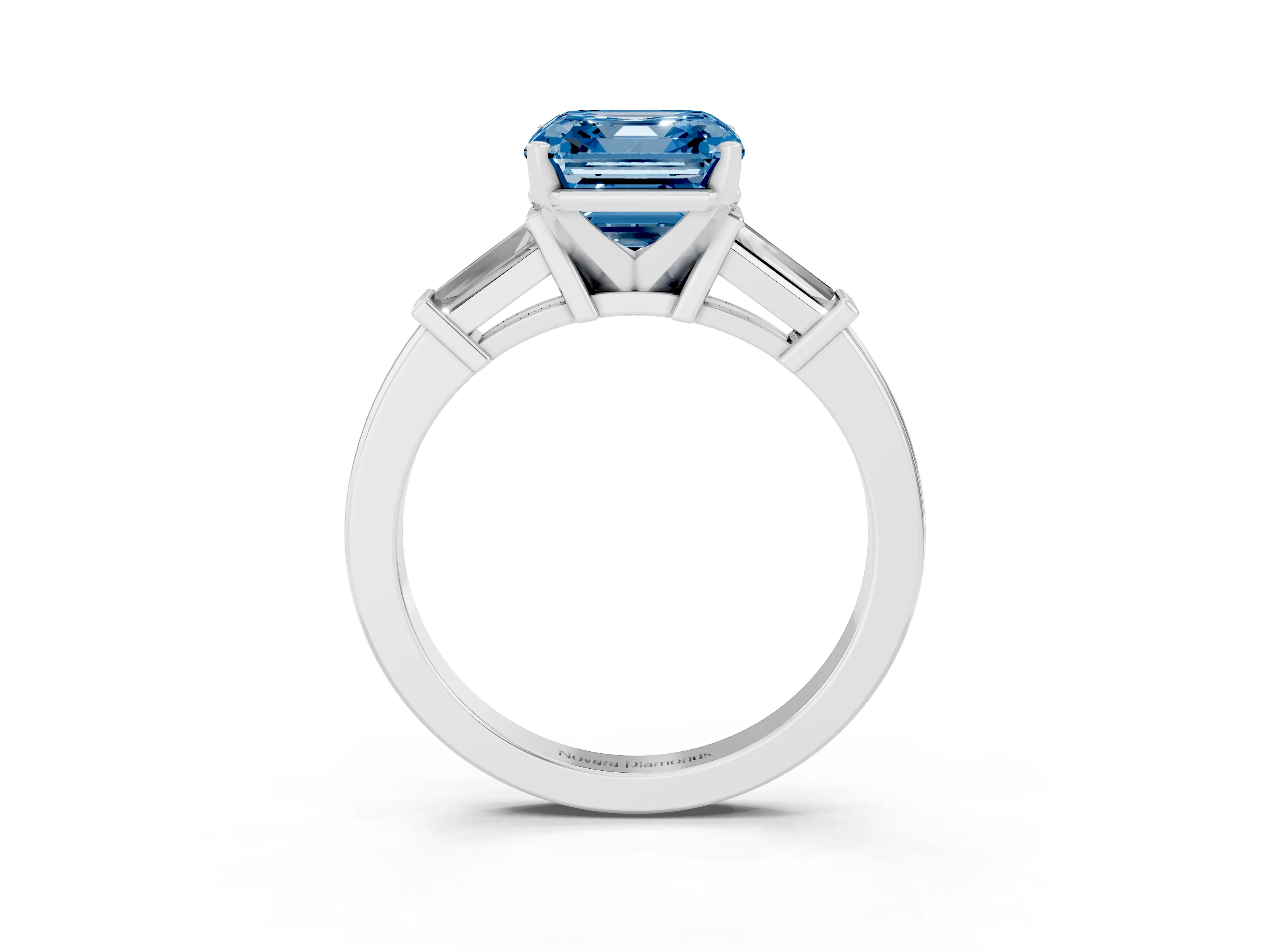 Fancy Blue Asscher Cut Diamond Solitaire Ring Set in White gold with Tapered Baguette Accents and Prong Setting