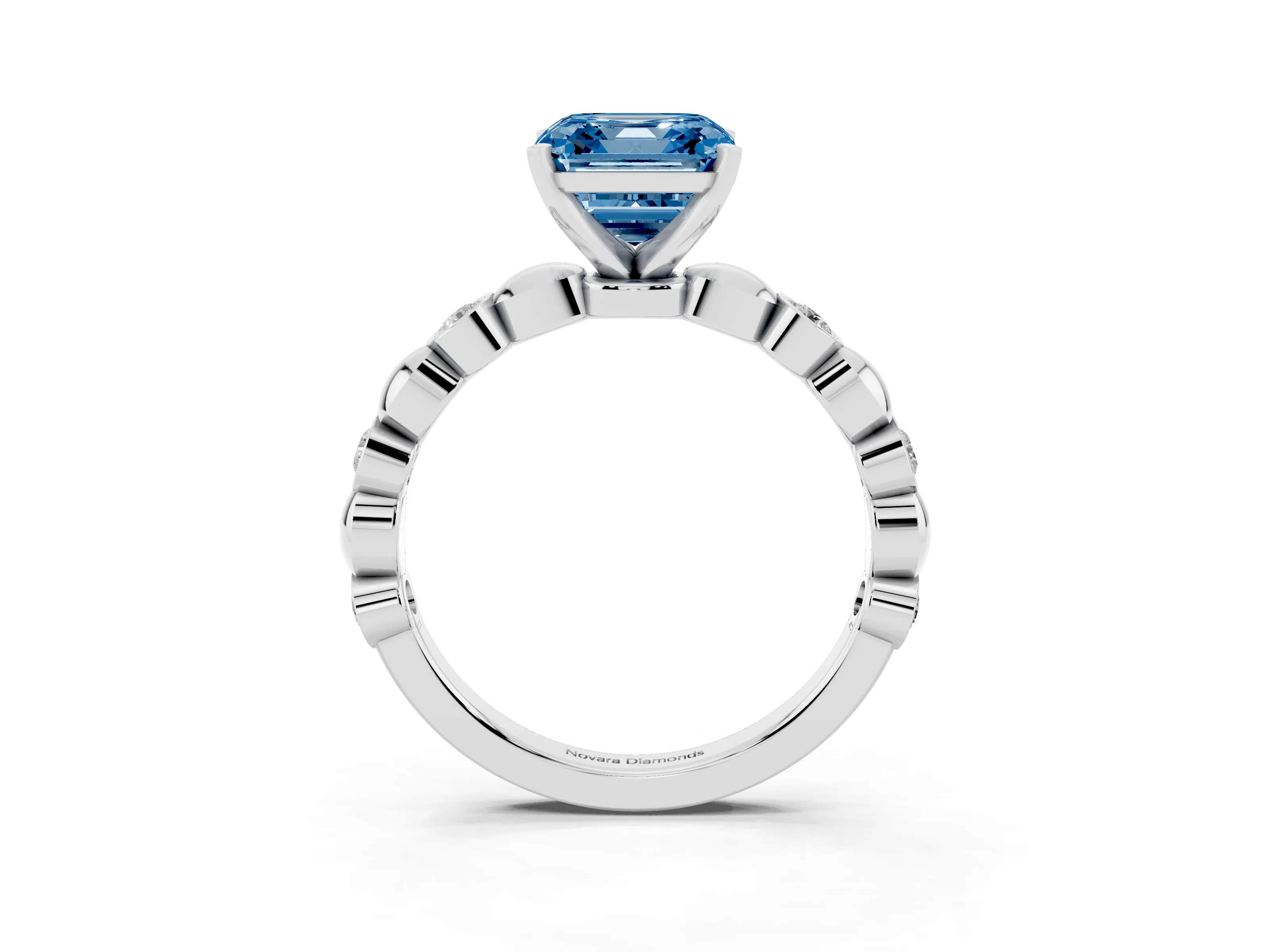 Fancy Blue Asscher Cut Diamond Solitaire Ring Set in Silver with Bezel-Set Accents on Beaded Band and Prong Setting
