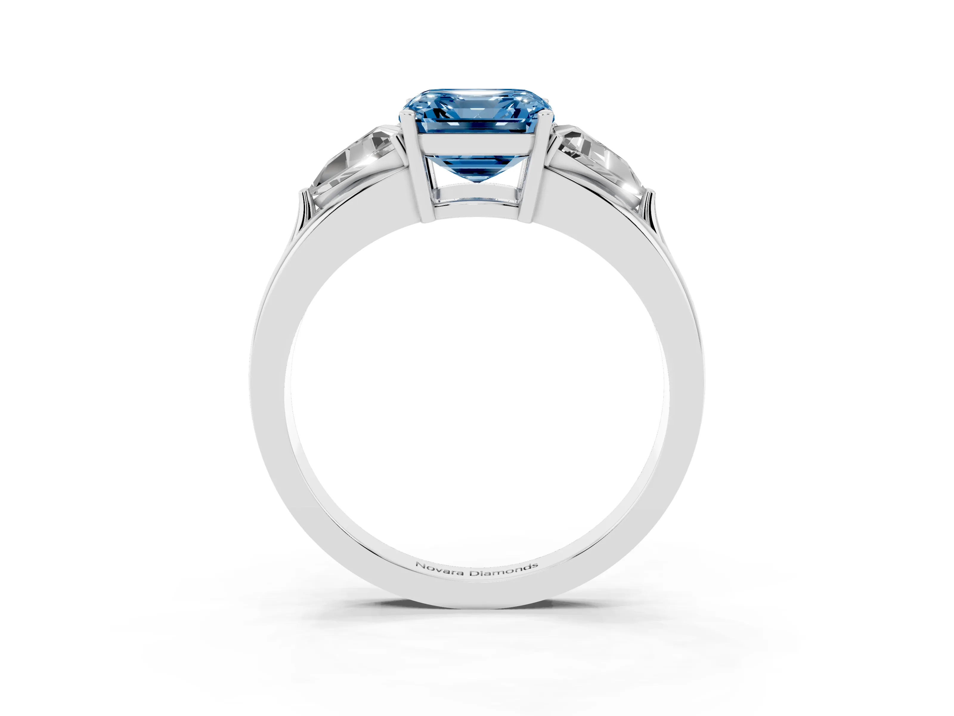 Fancy Blue Asscher Cut Diamond Three-Stone Ring Set in Platinum with Trillion Side Stones and Split Shank