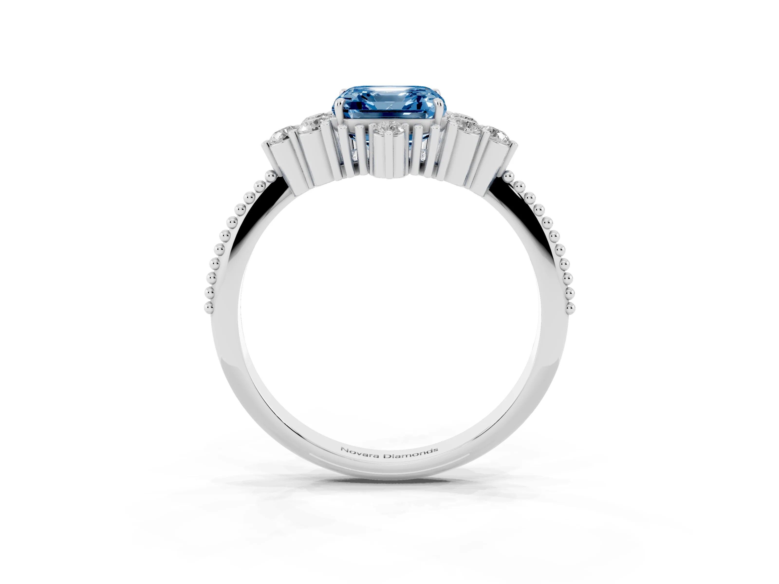 Fancy Blue Asscher Cut Diamond Cluster Ring Set in Silver with Beaded Band