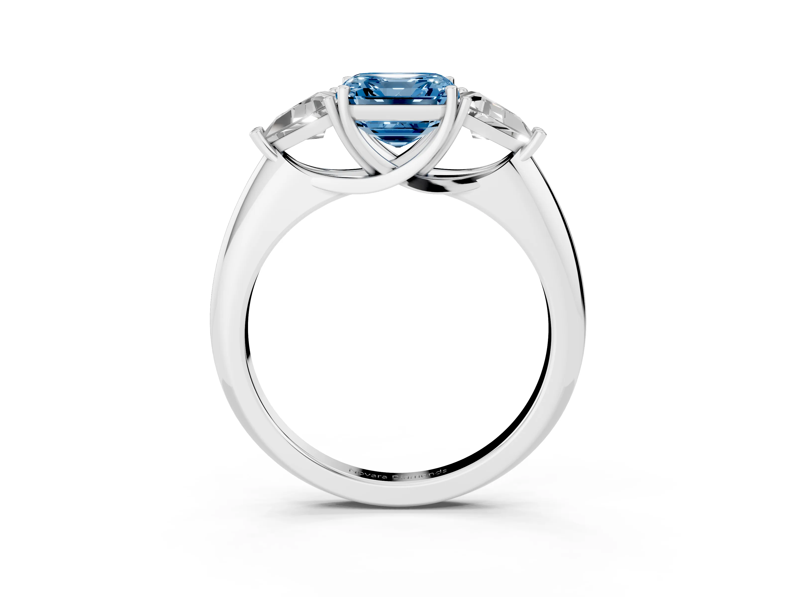 Fancy Blue Asscher Cut Diamond Three-Stone Engagement Ring Set in Silver with Trillion Side Stones