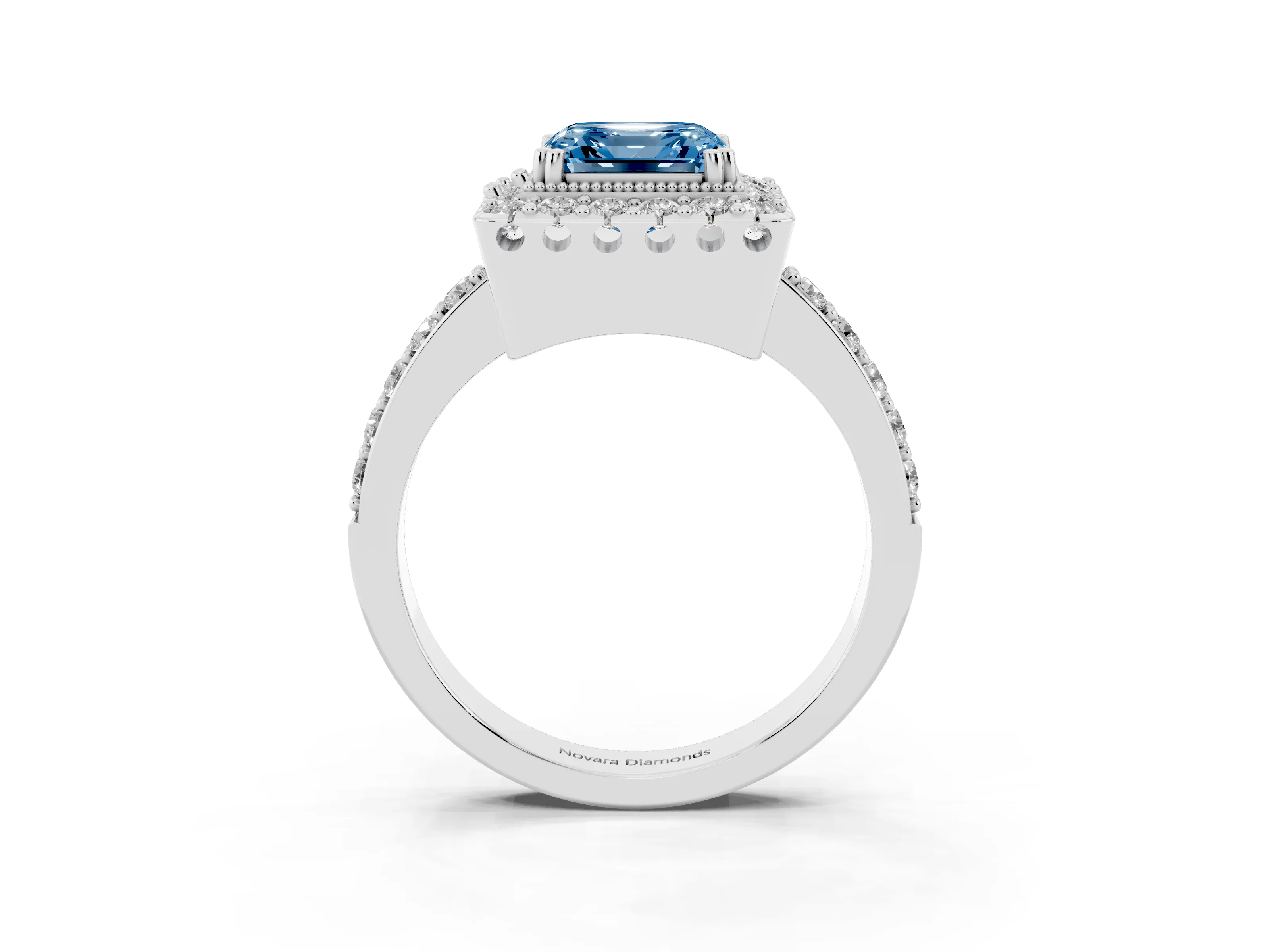 Fancy Blue Asscher Cut Diamond Halo Ring Set in Platinum with Pavé Shank and Prong Setting