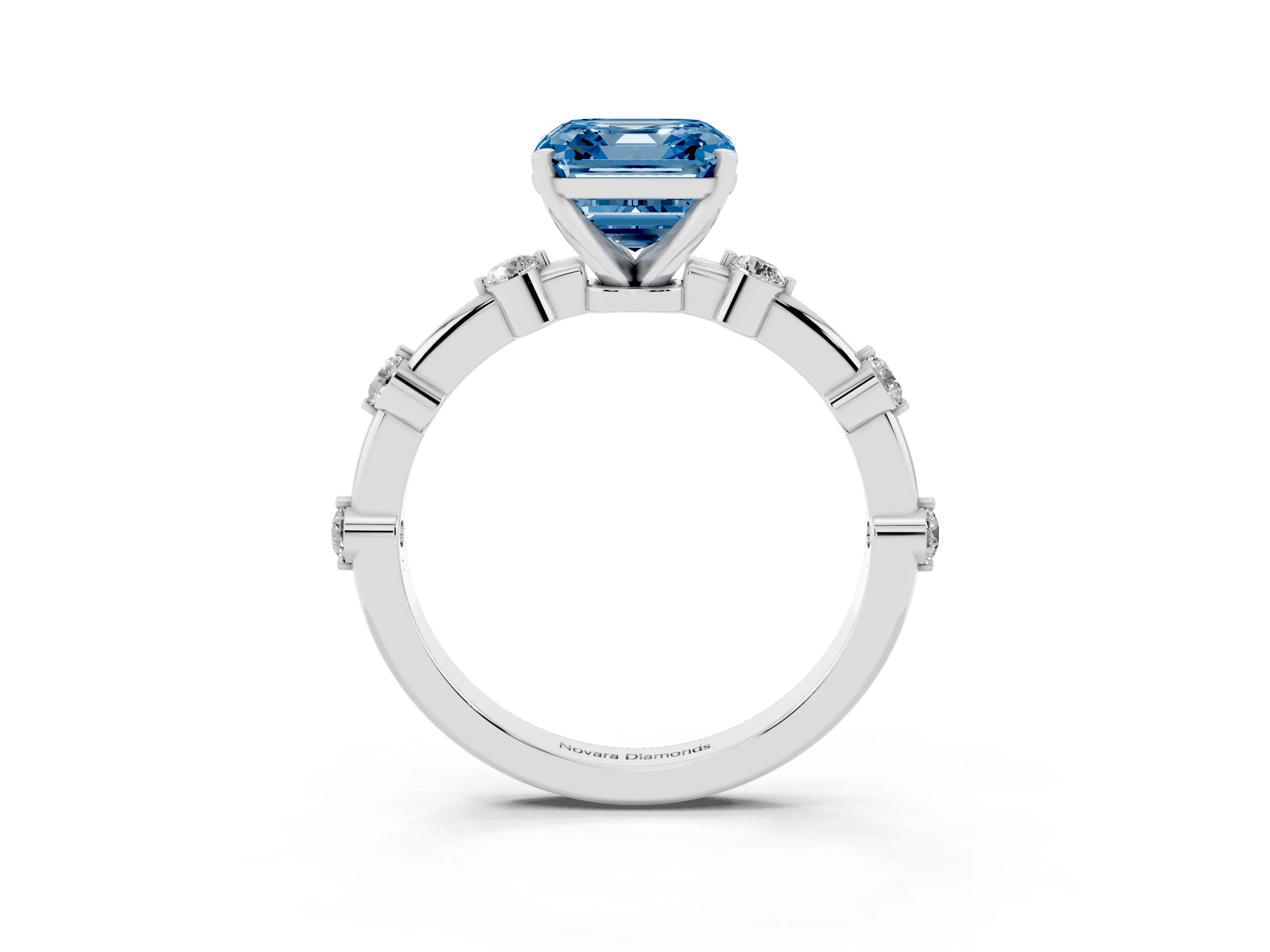 Fancy Blue Asscher Cut Diamond Solitaire Ring Set in Silver with Bezel Set Side Stones and Prong Setting