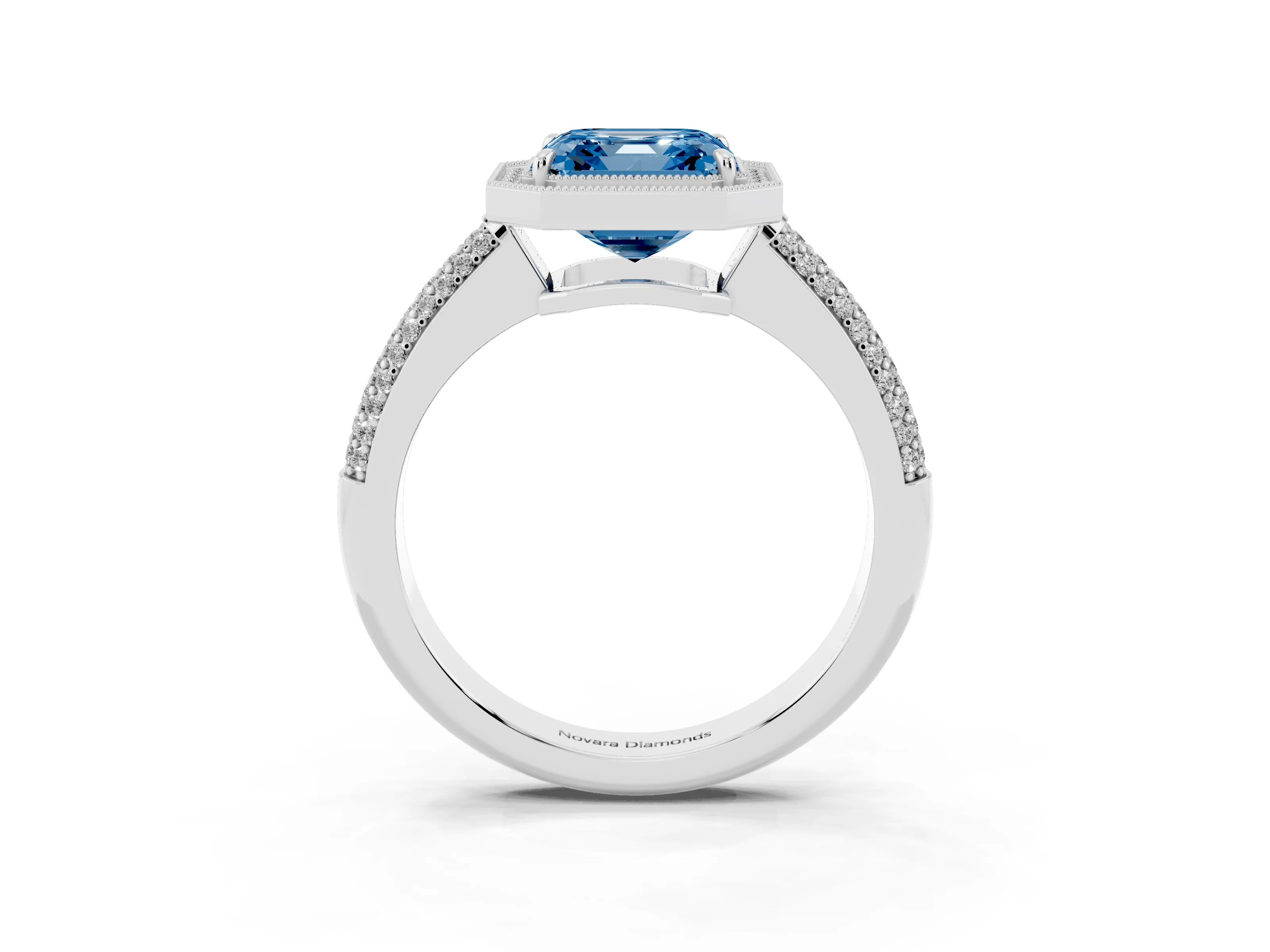 Fancy Blue Asscher Cut Diamond Halo Pavé Band Set in Silver with Prong Setting