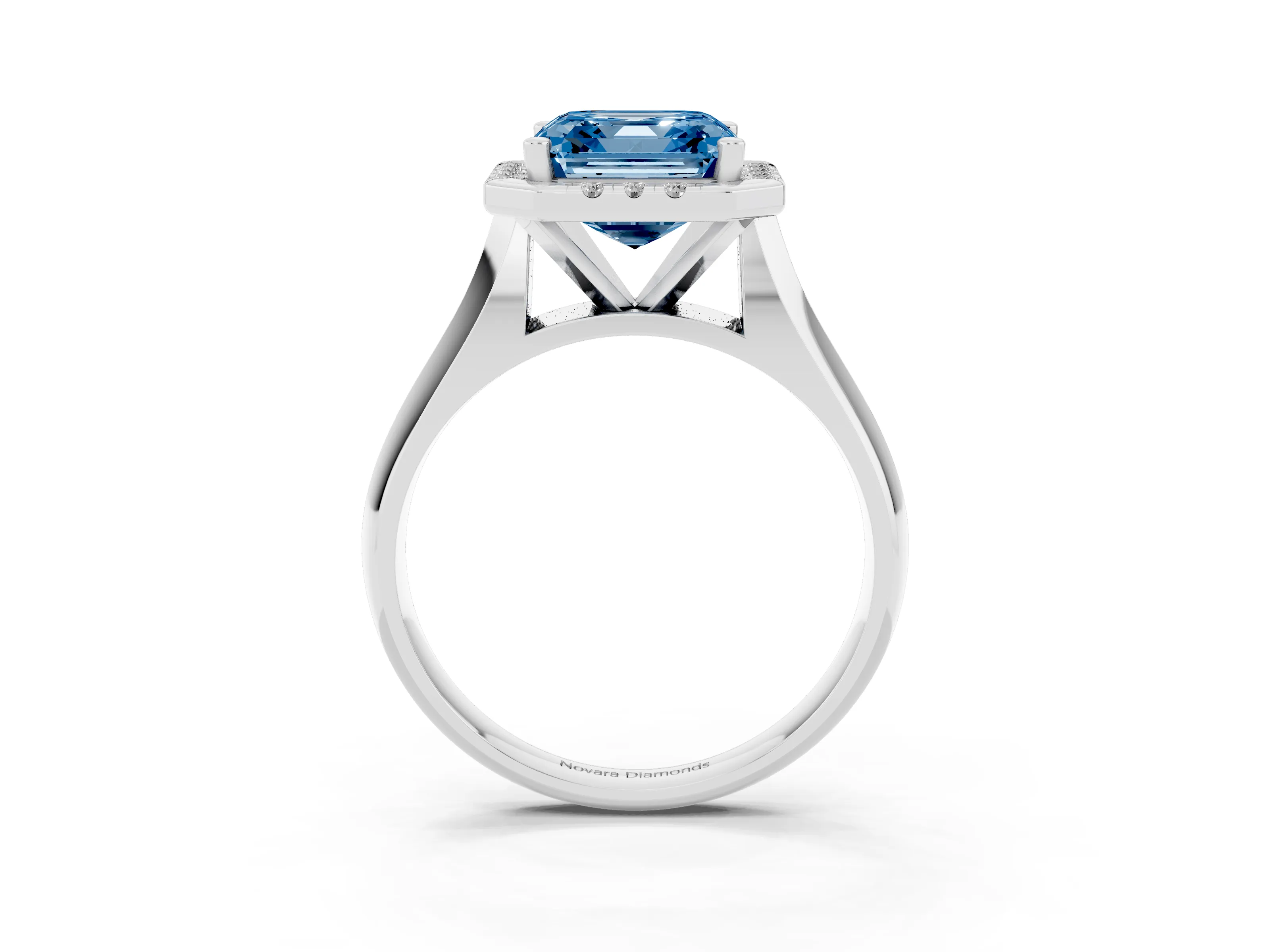 Fancy Blue Asscher Cut Diamond Halo Solitaire Engagement Ring Set in Silver with Square Band and Prong Setting
