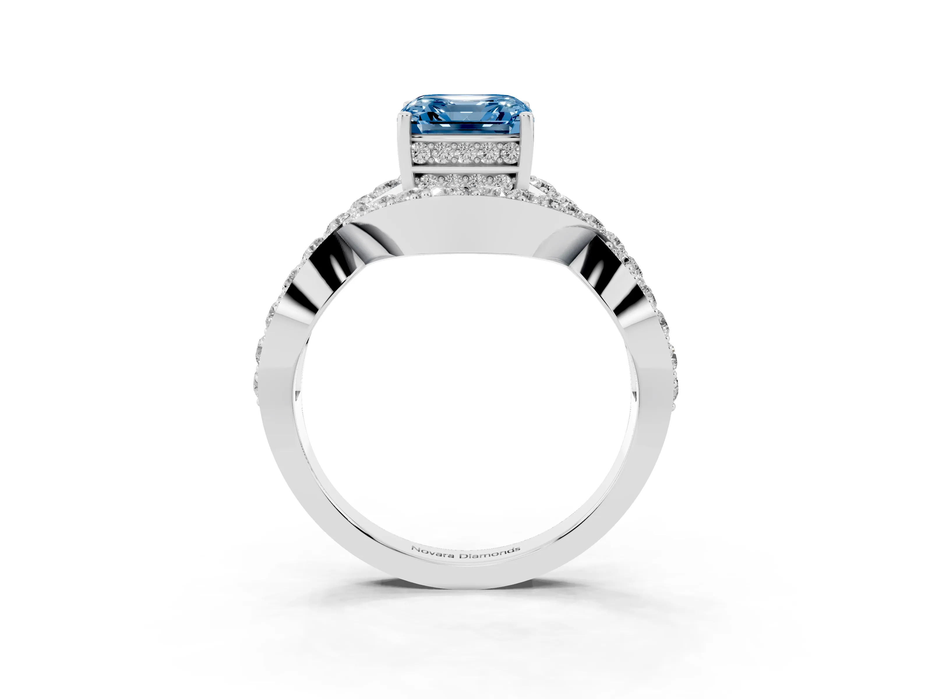 Fancy Blue Asscher Cut Diamond Solitaire Twist Band Pavé Engagement Ring Set in Platinum