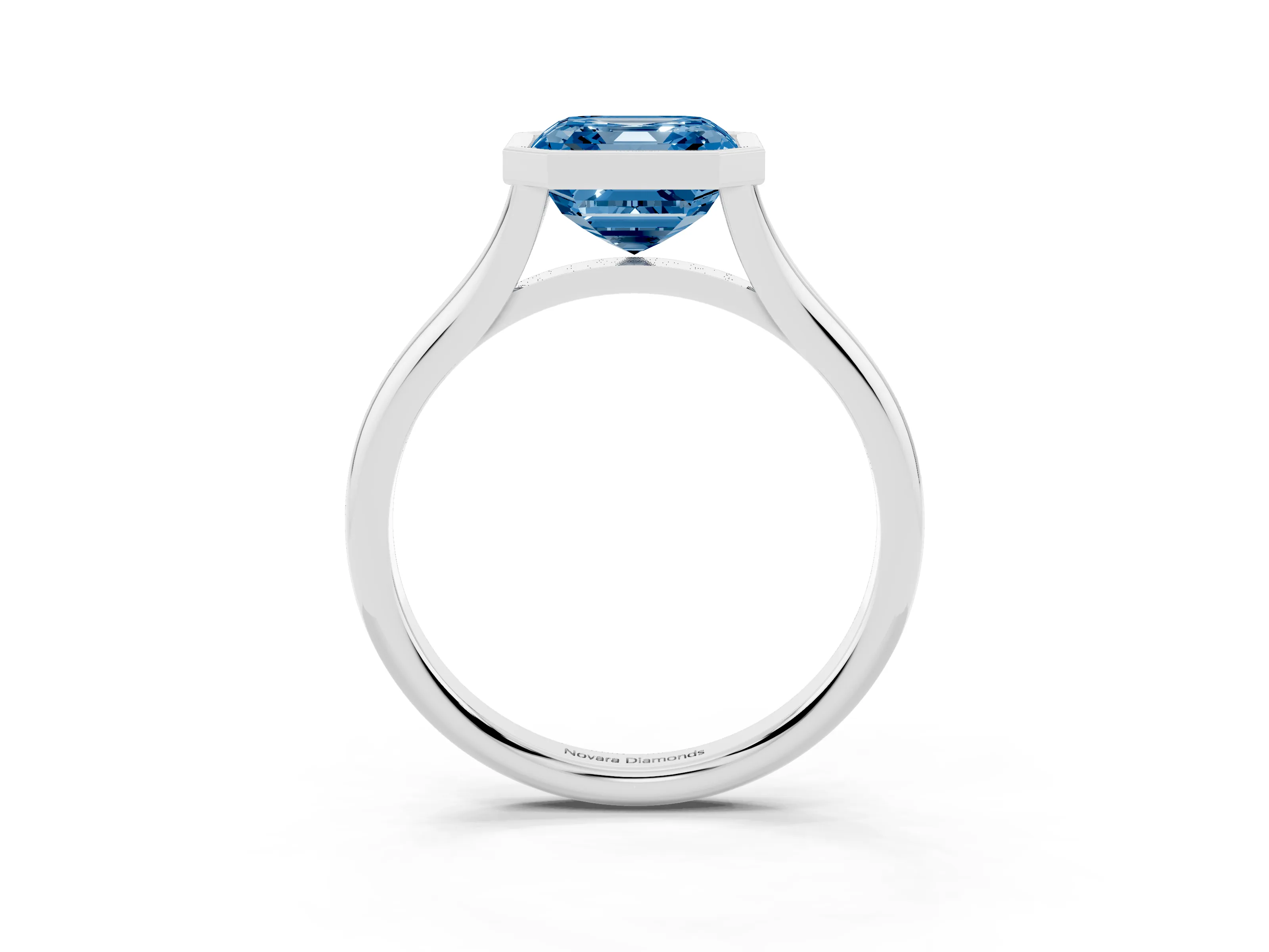 Fancy Blue Bezel Set Asscher Cut Diamond Solitaire Ring Set in Platinum with Tapered Band